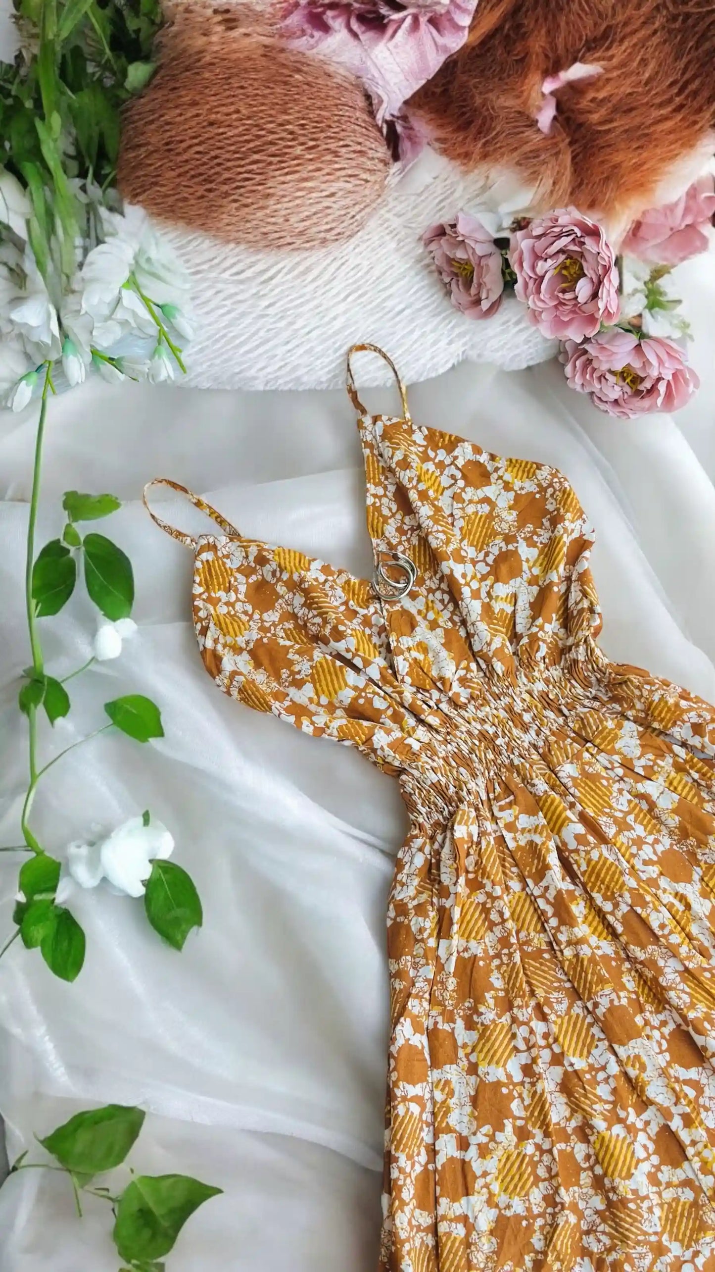 Batique Mustard Smoky Twirl Dress