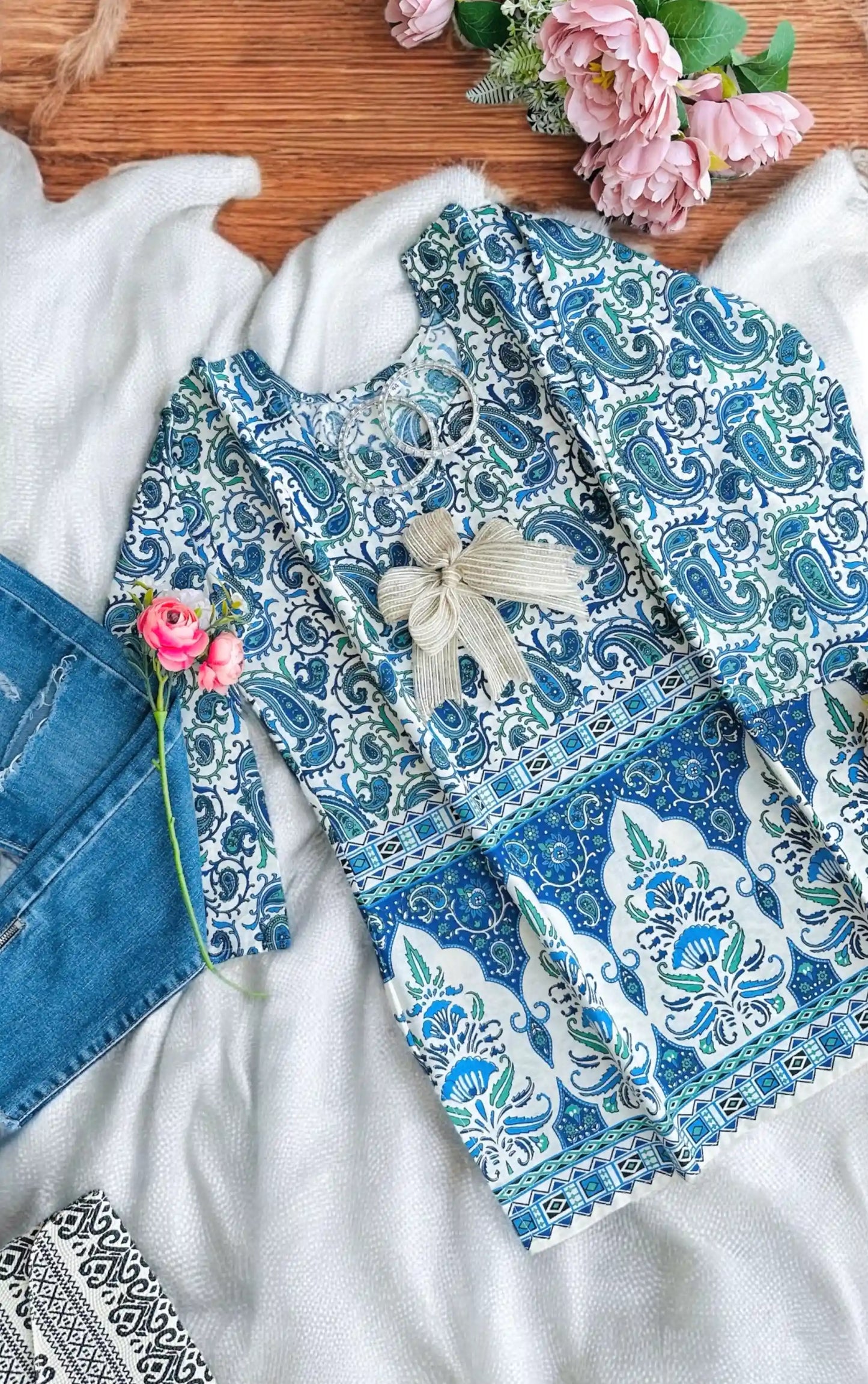 Blue Handprinted Short Kurta