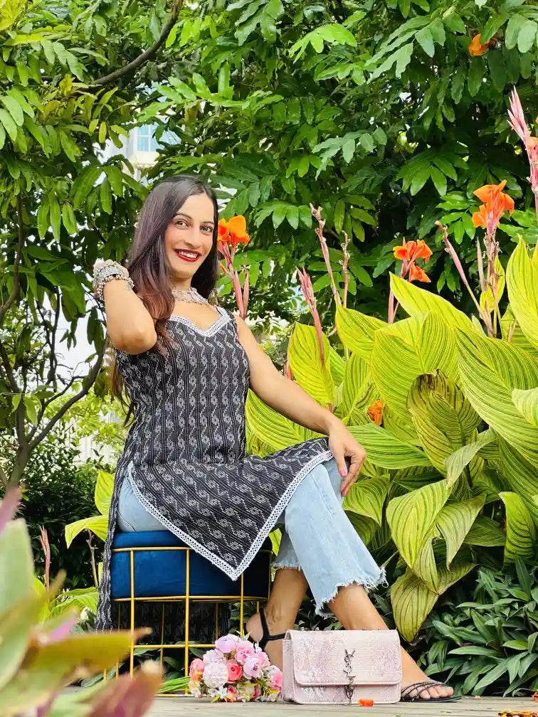 Pitch Black Ikkat Short Kurta