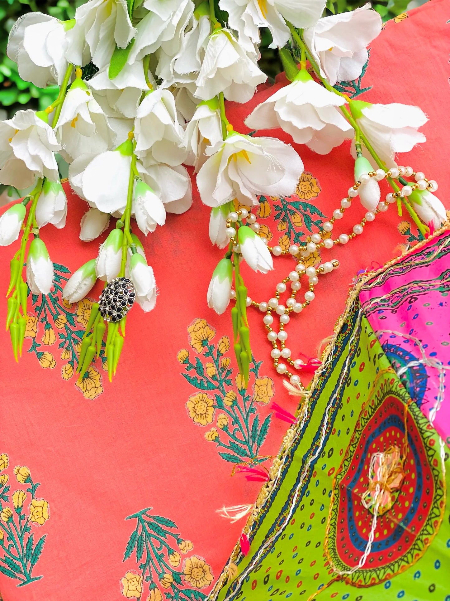 Pretty In Peach Block Handprinted Fabric Cut