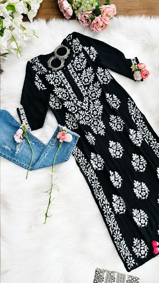Avneet Inspired Black Gulzar Chikan Kurta