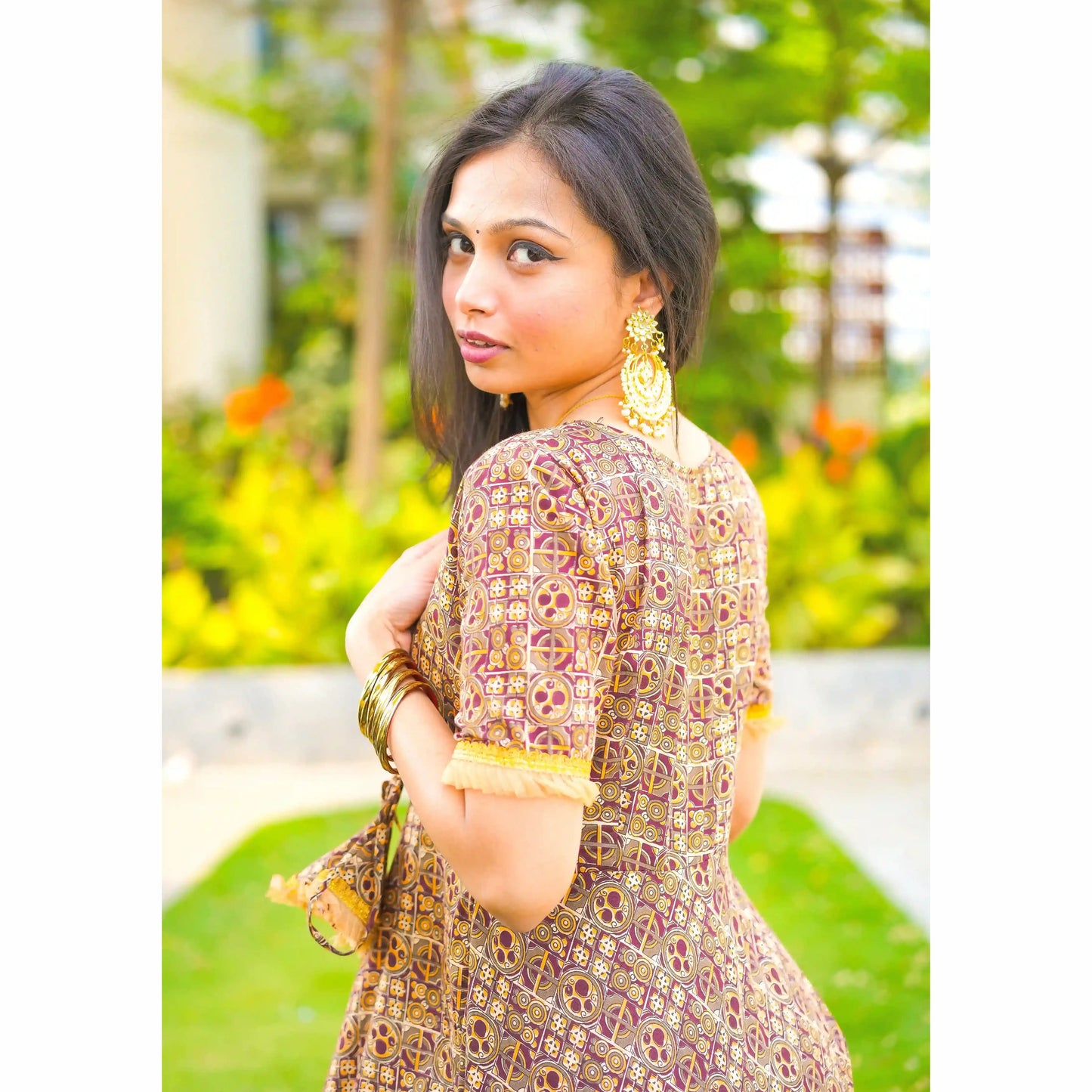 Jaipuri Handprinted Brown Gulnaz Twirl Anarkali