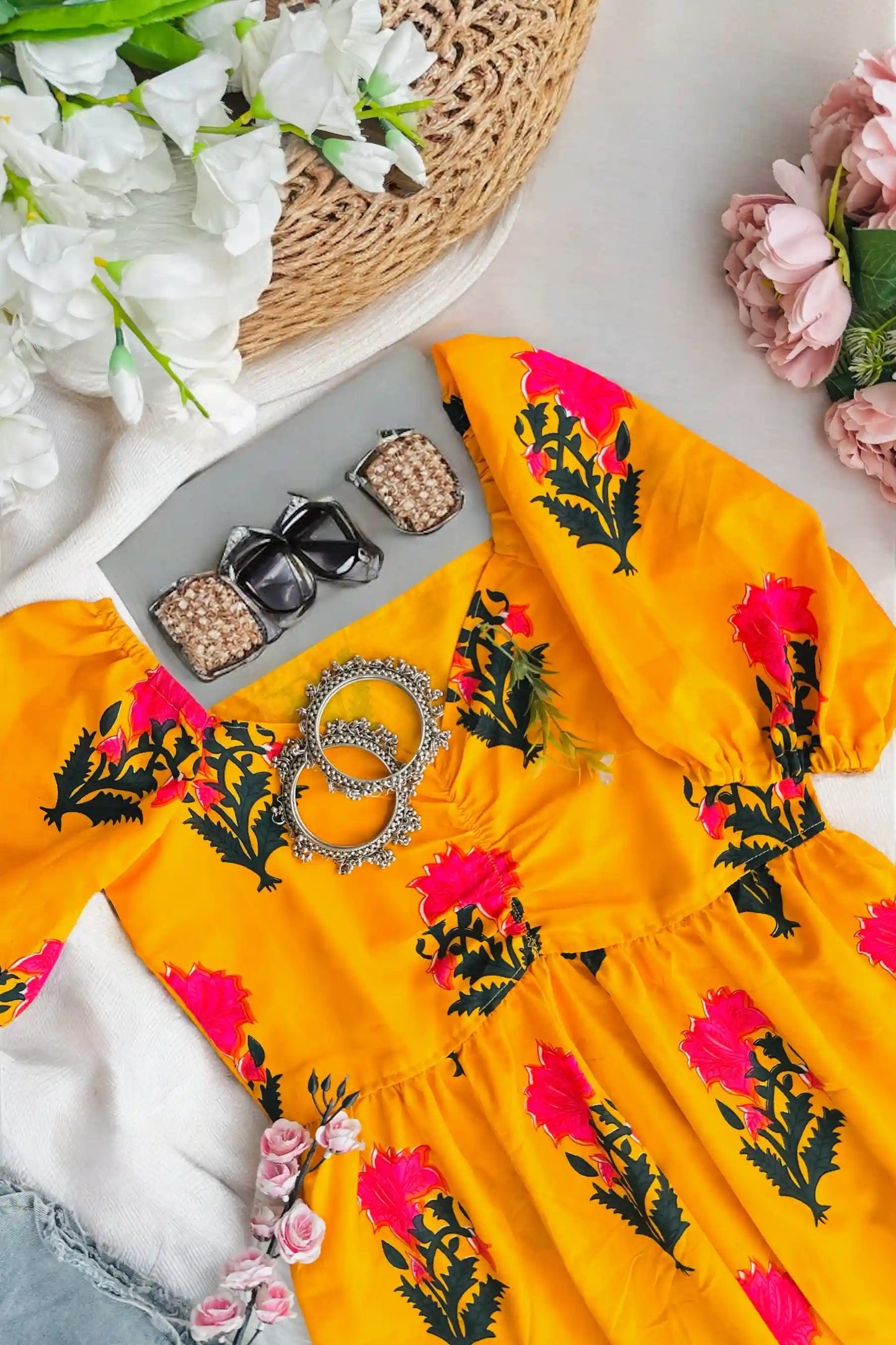 Sunflower Yellow Cotton Pleated Peplum