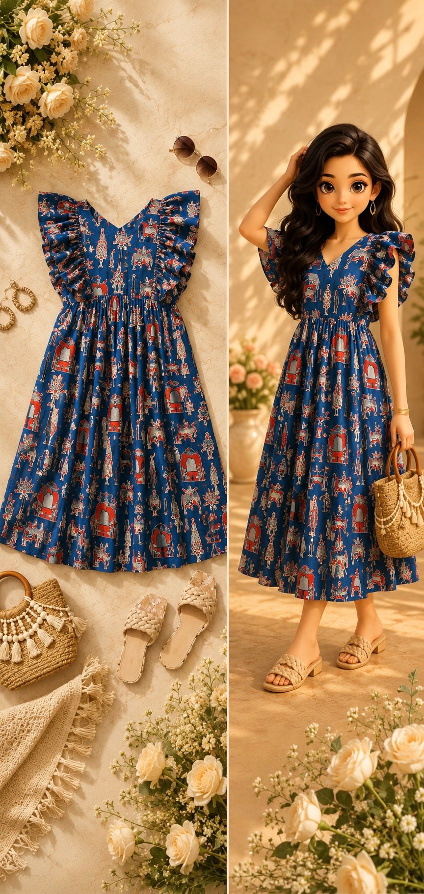 Blue Worli Frill Flared Cotton Dress