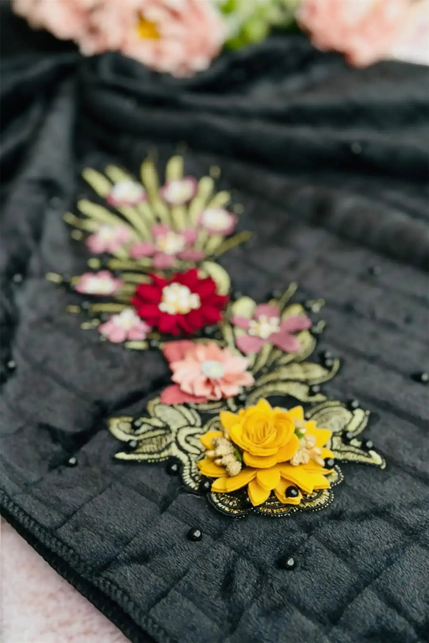 Embroidered Black Wool Winter Stole