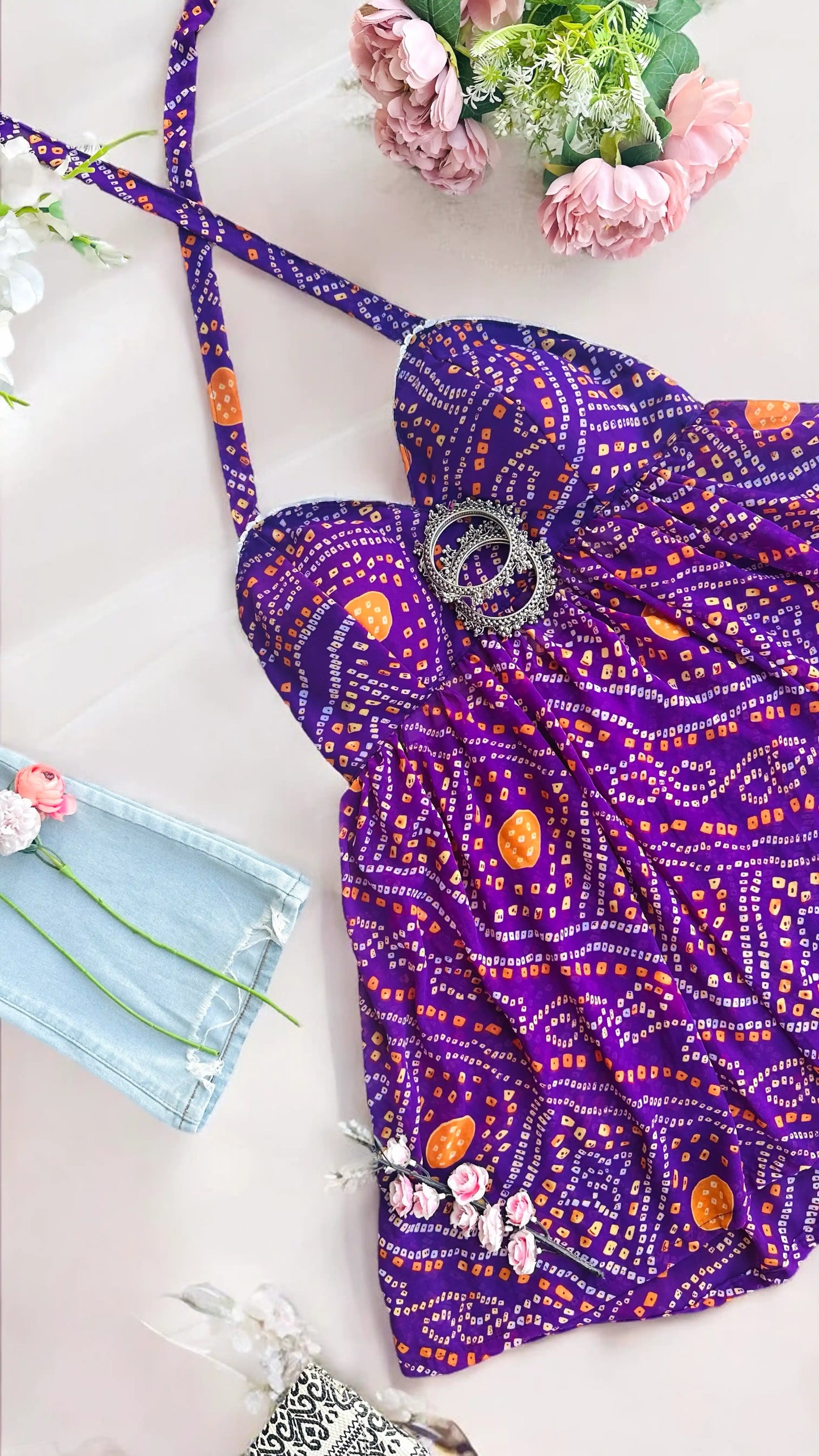 Bloom Purple Bandhej Peplum Top
