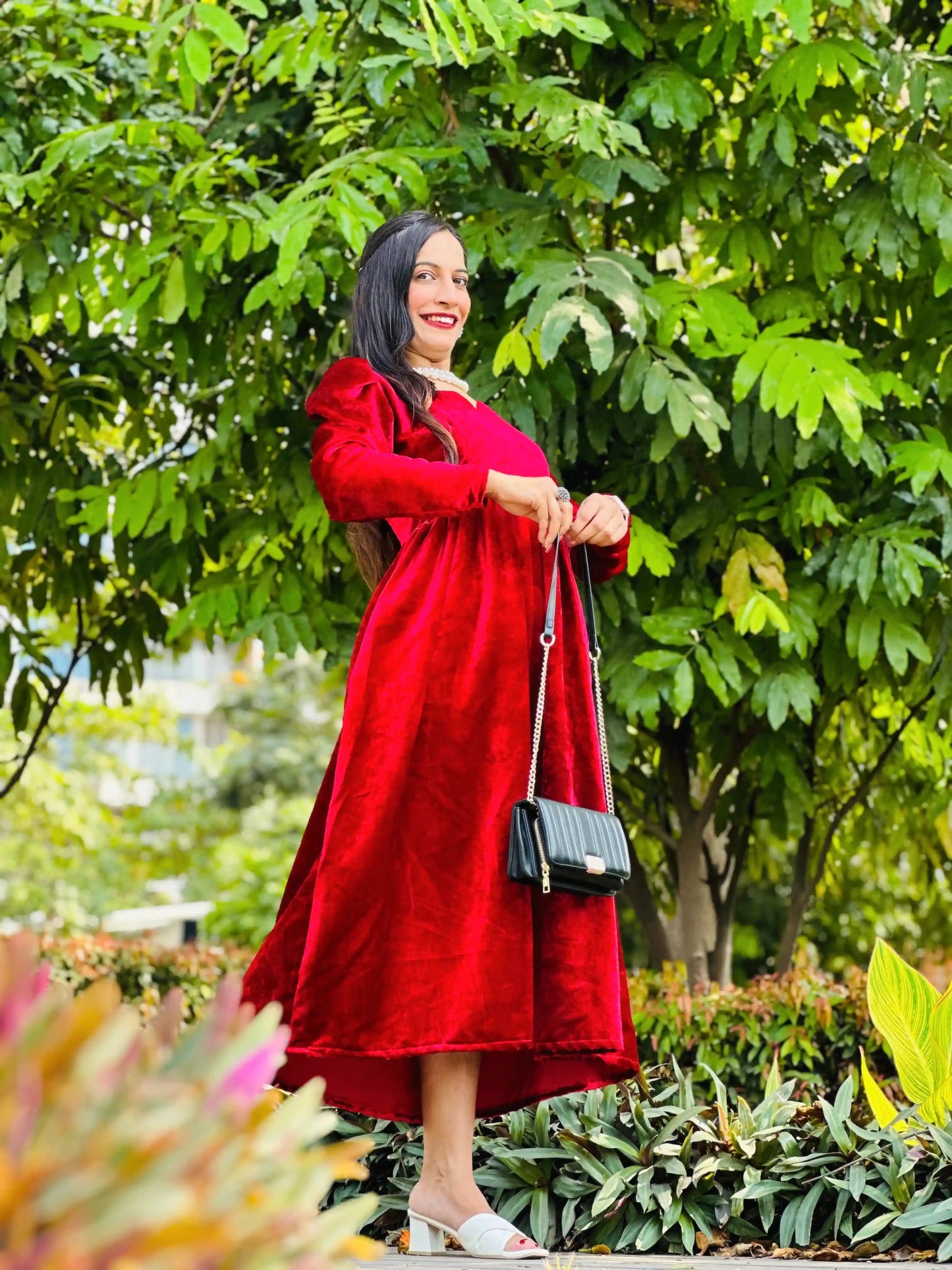 Sparkling Maroon Velvet Twirl Dress