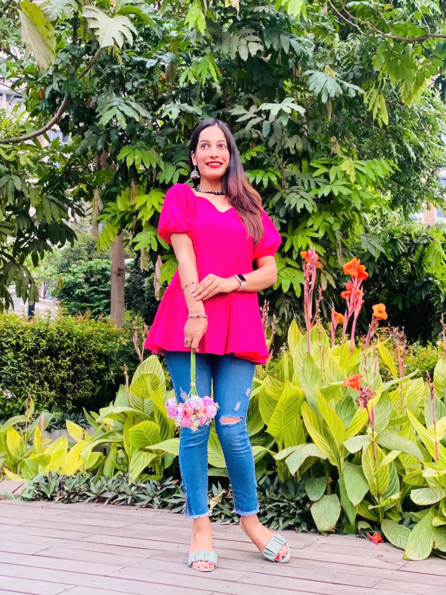 Hot Pink Puff Gulnaz Peplum Top
