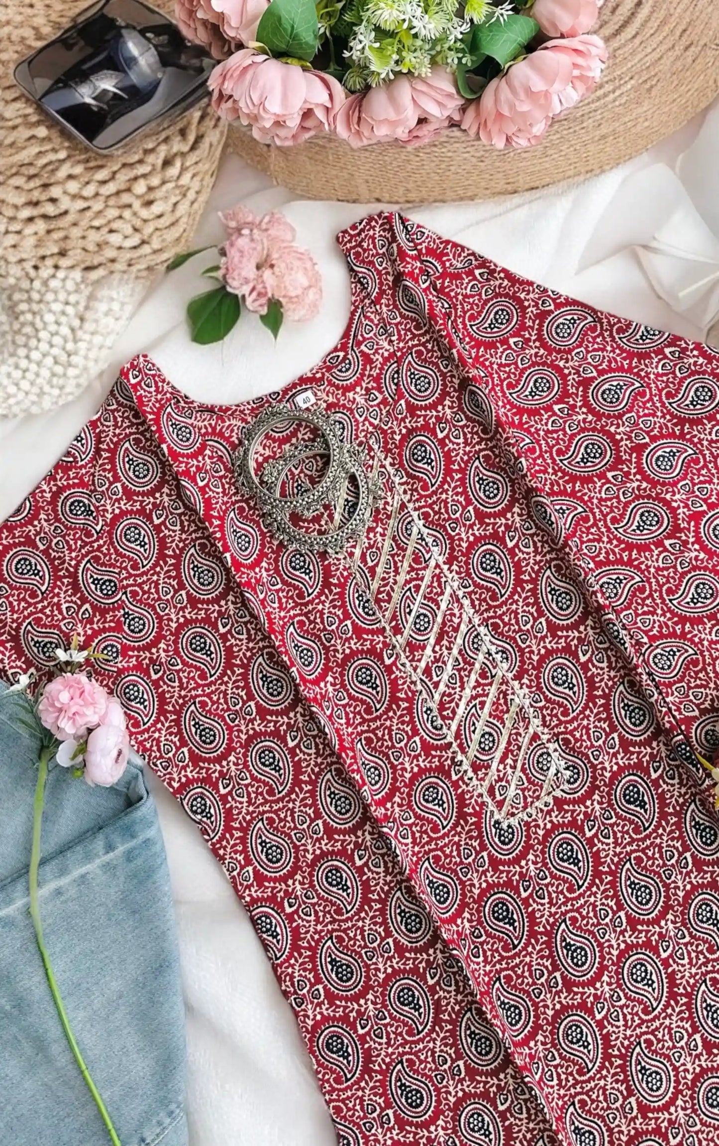 Maroon Kairi Cotton Short Kurta