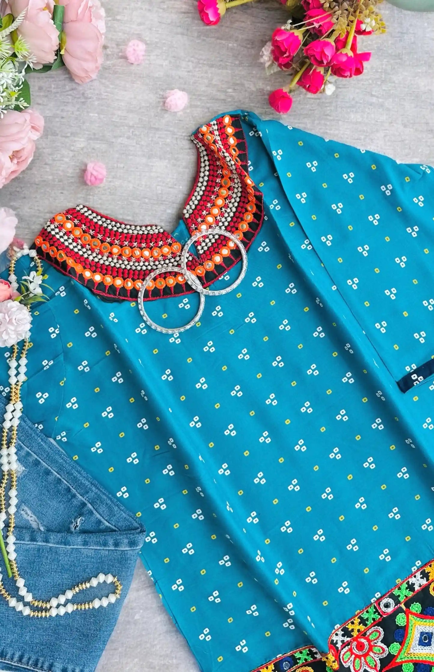 Gold Blue Bandhej Short Kurta