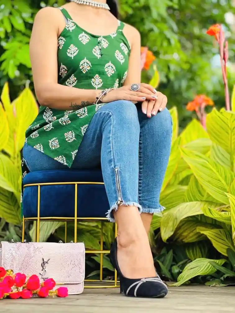 Dark Green Block Print Short Kurta