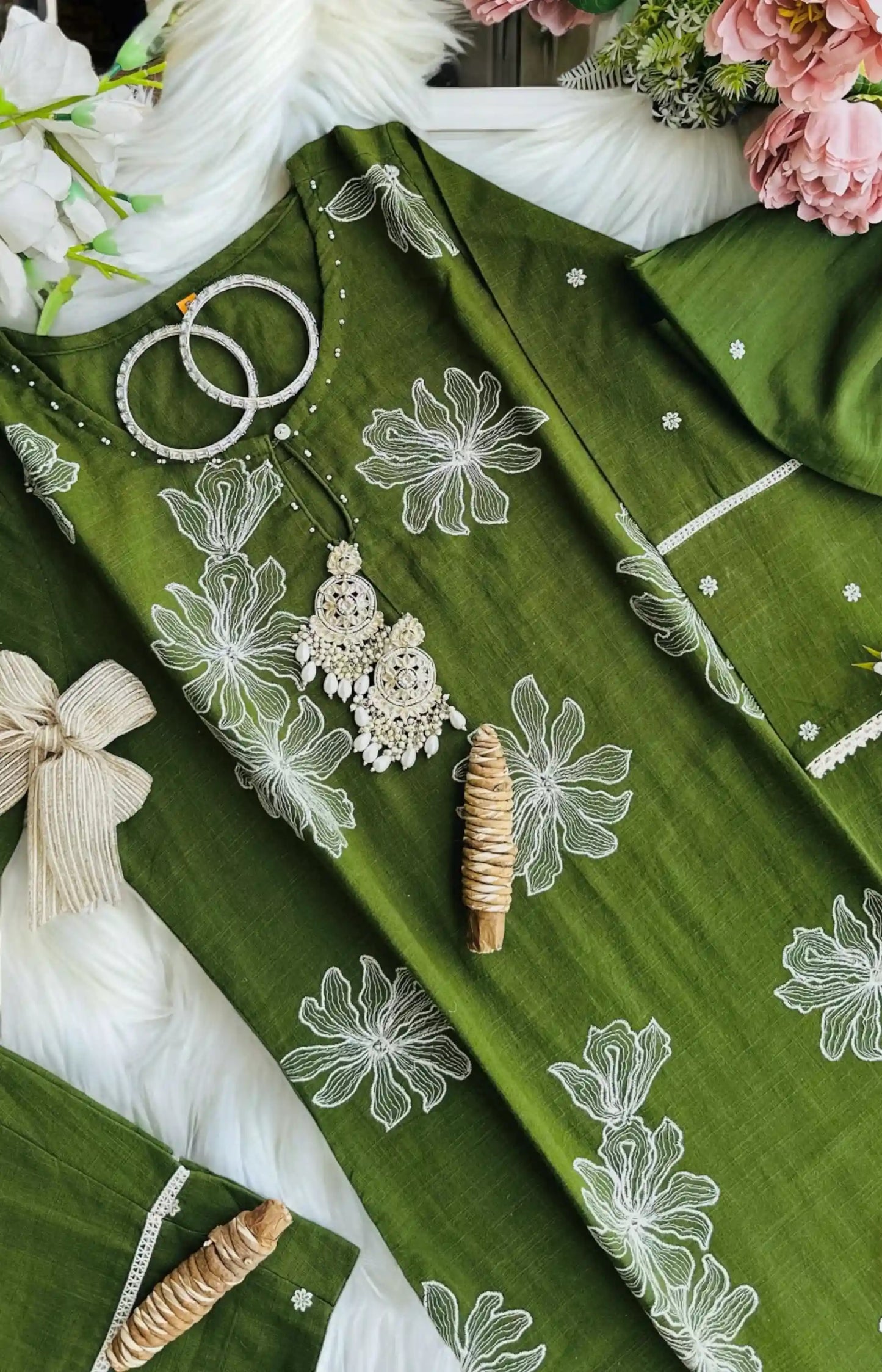 Green Embroidered Meher Set