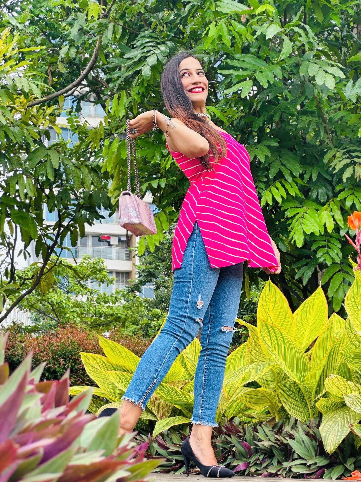 Pretty In Pink Lehriya Denim Kurta