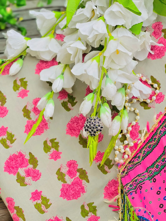 Classic Cream Block Handprinted MulMul Fabric Cut - Passion for Fashion by Shivani