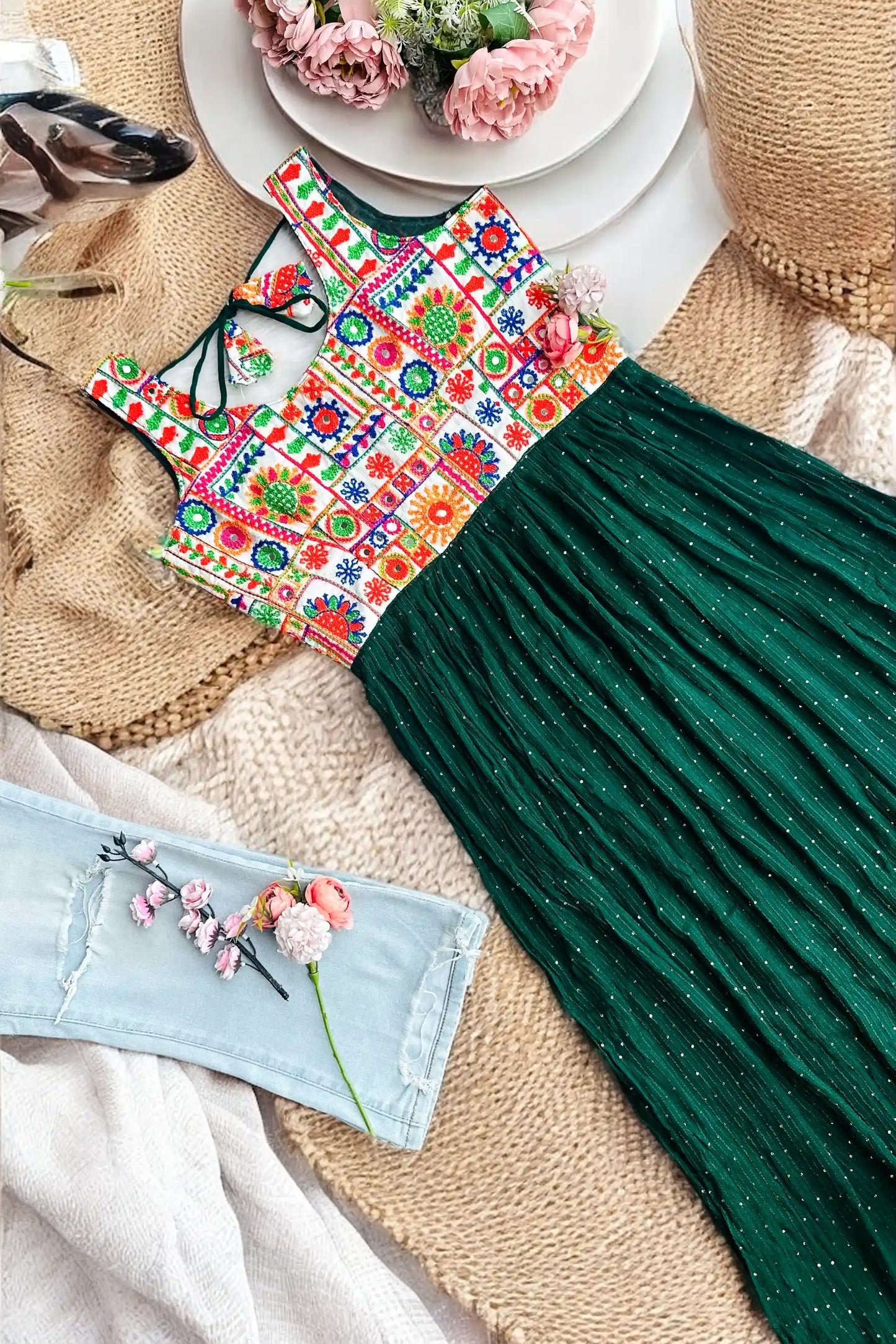 Denim Green Embroidered Gulnaz Kurta