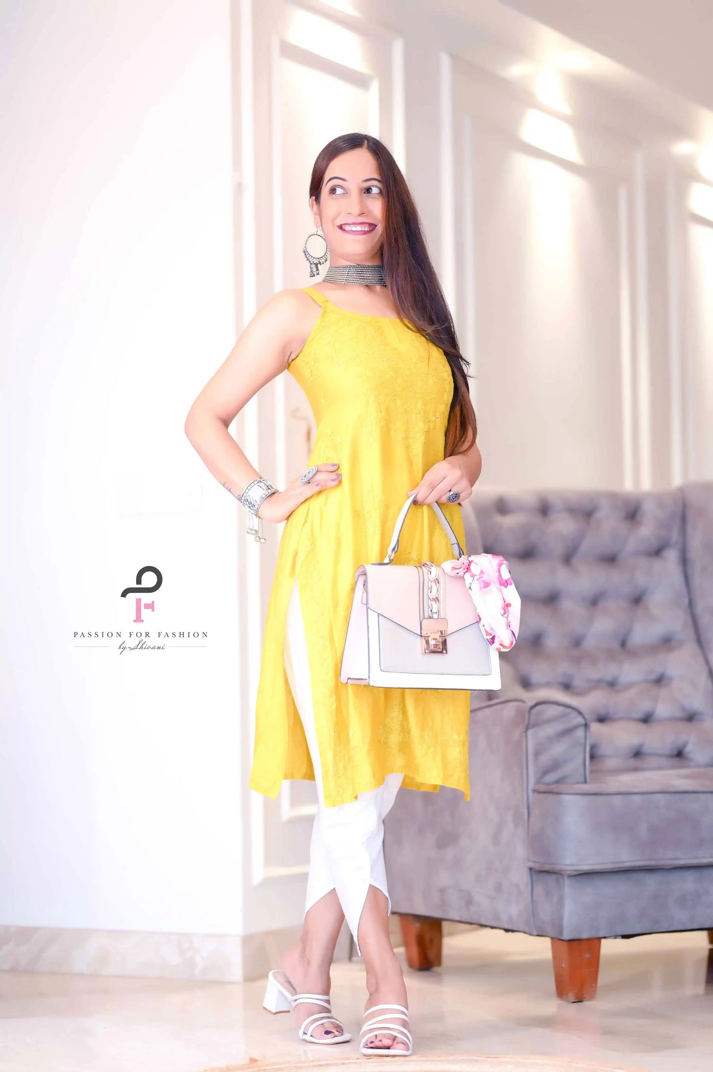 Mustard Hoor Chikankari Slit Kurta