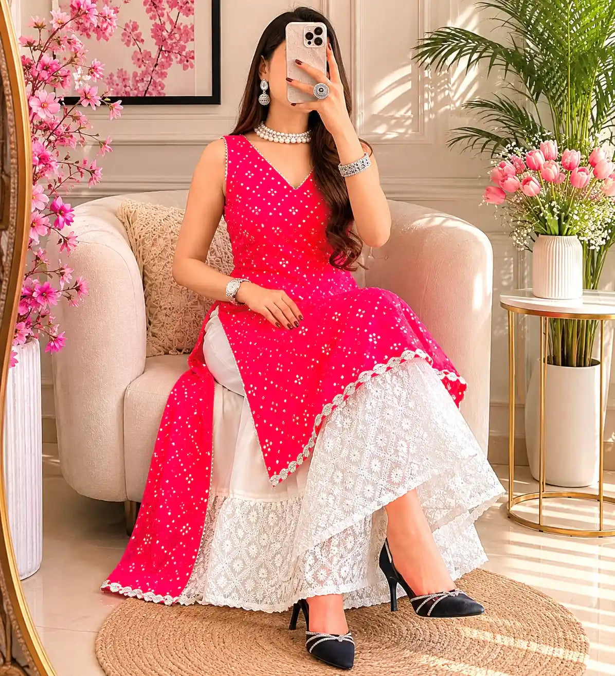 Salmon Pink Mirror Gulnaz Kurta