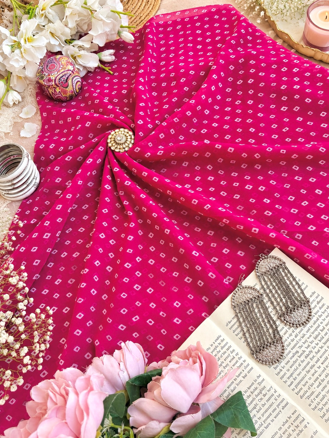 Fuchsia Pink Bandhej Gulnaz Fabric Cut