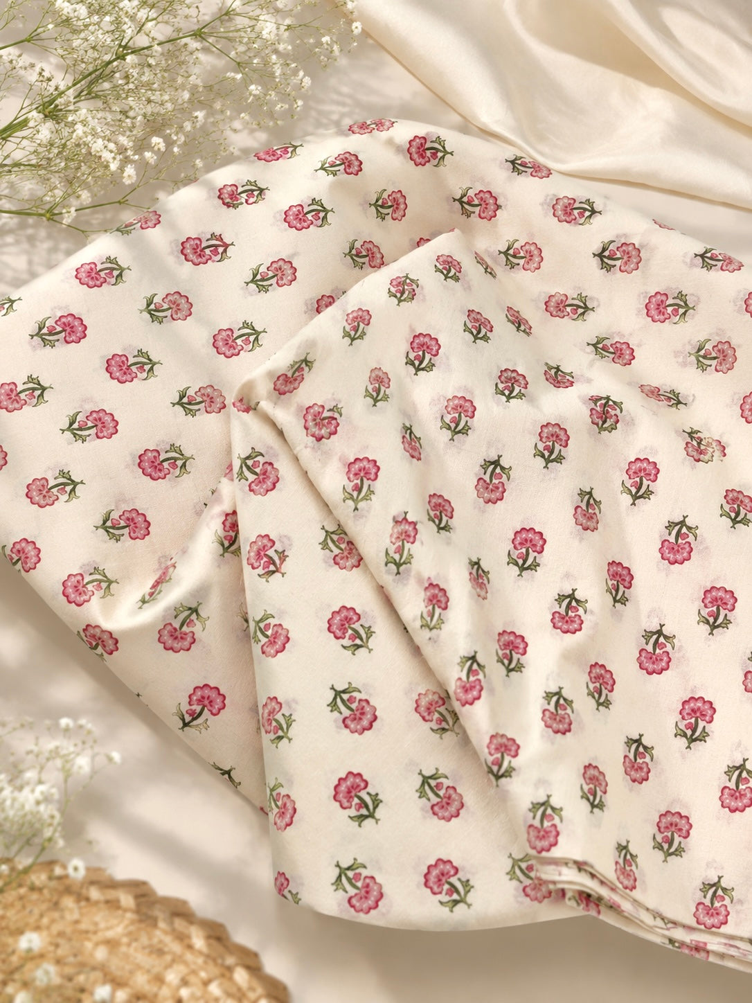 Premium Ivory Floral Cotton Fabric Cut