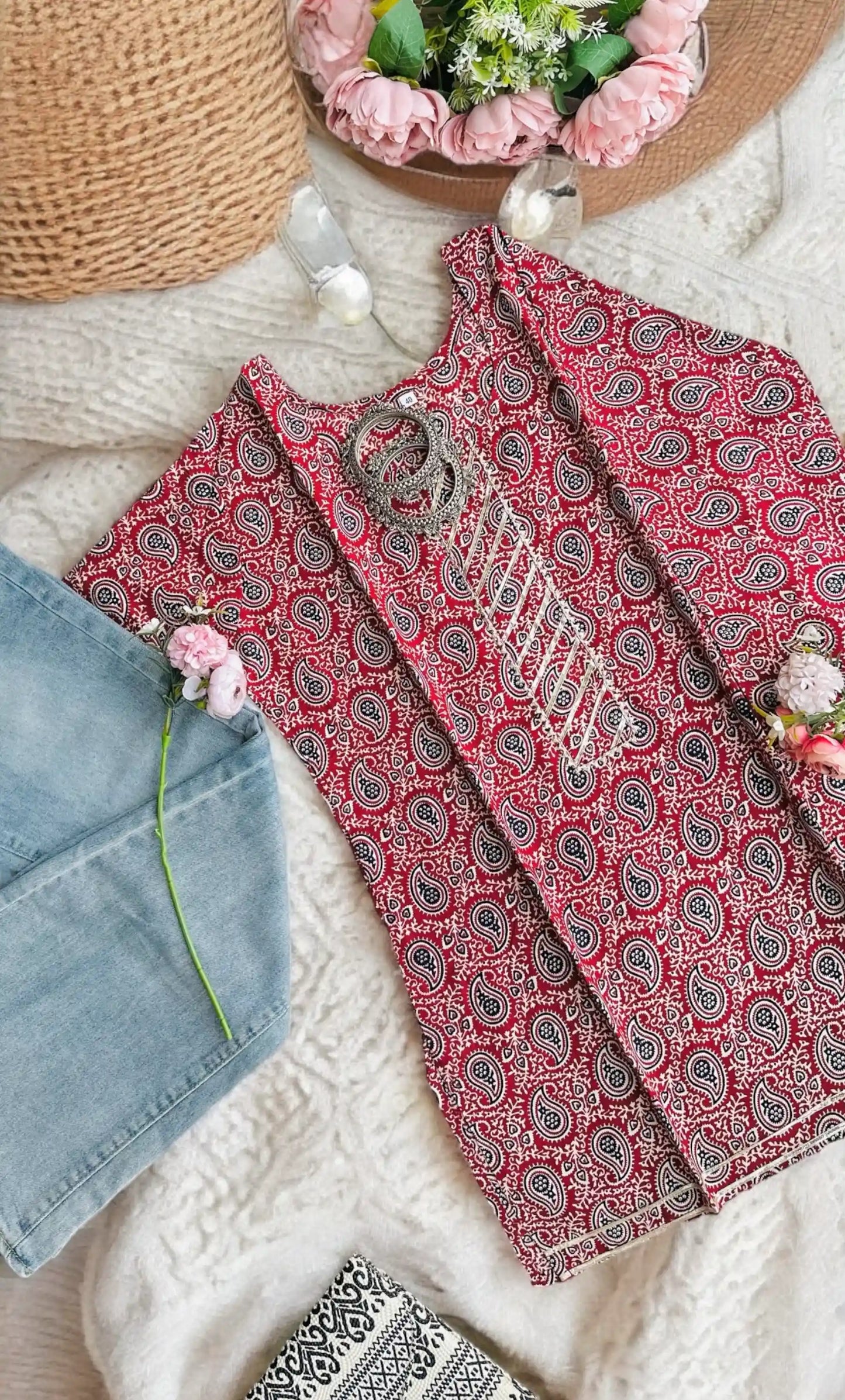 Maroon Kairi Cotton Short Kurta