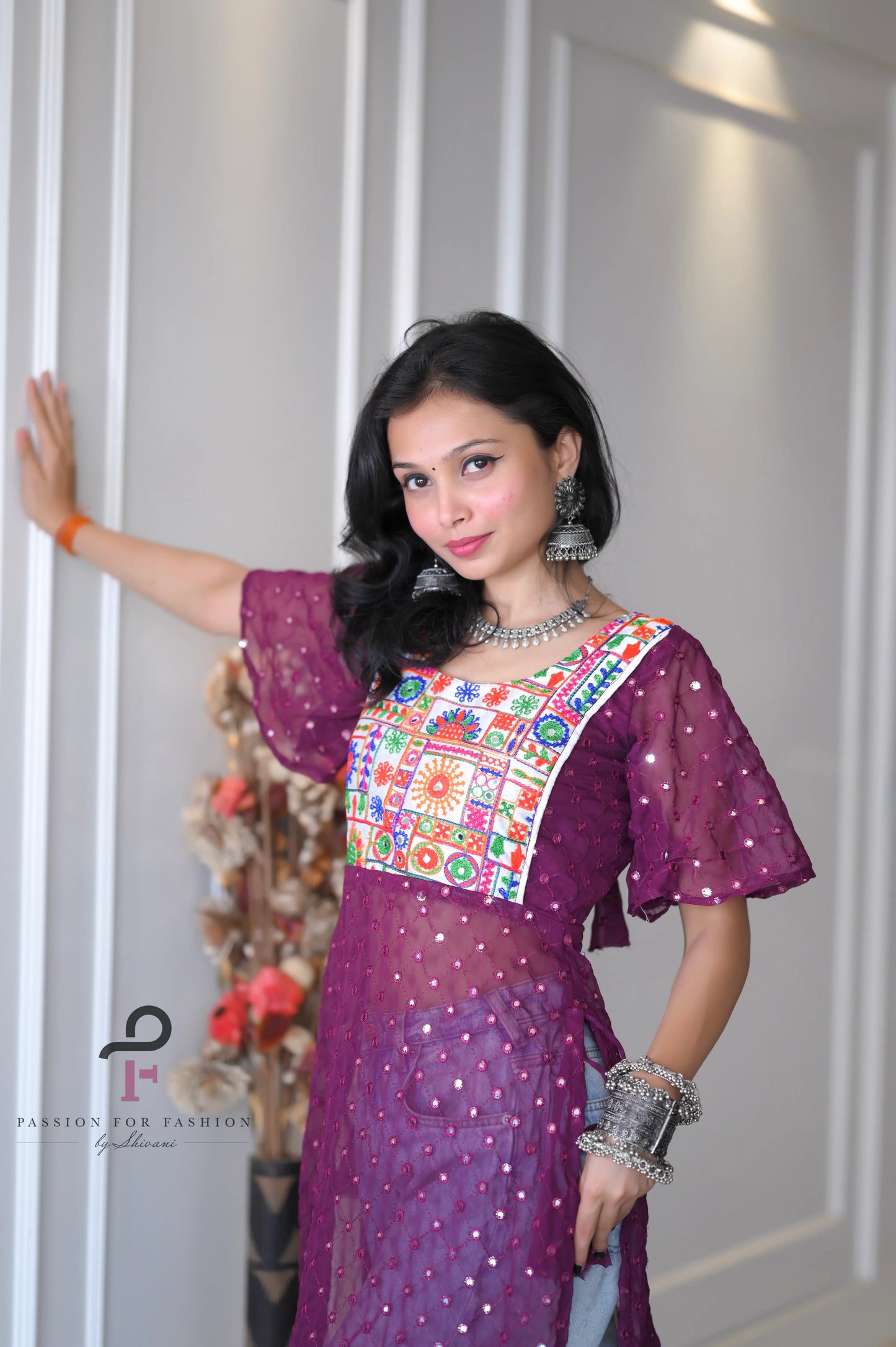 Plum Wine Kutchi Embroidered Gulnaz Kurta