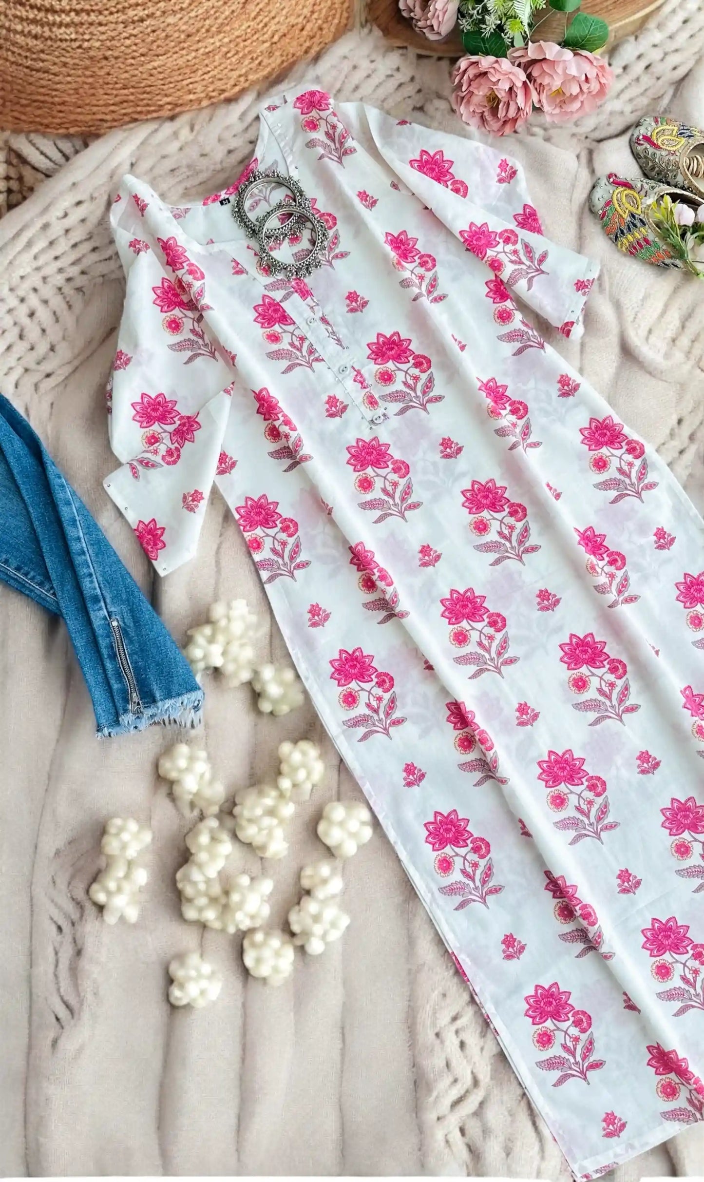 White Block Mulmul Jaipuri Kurta