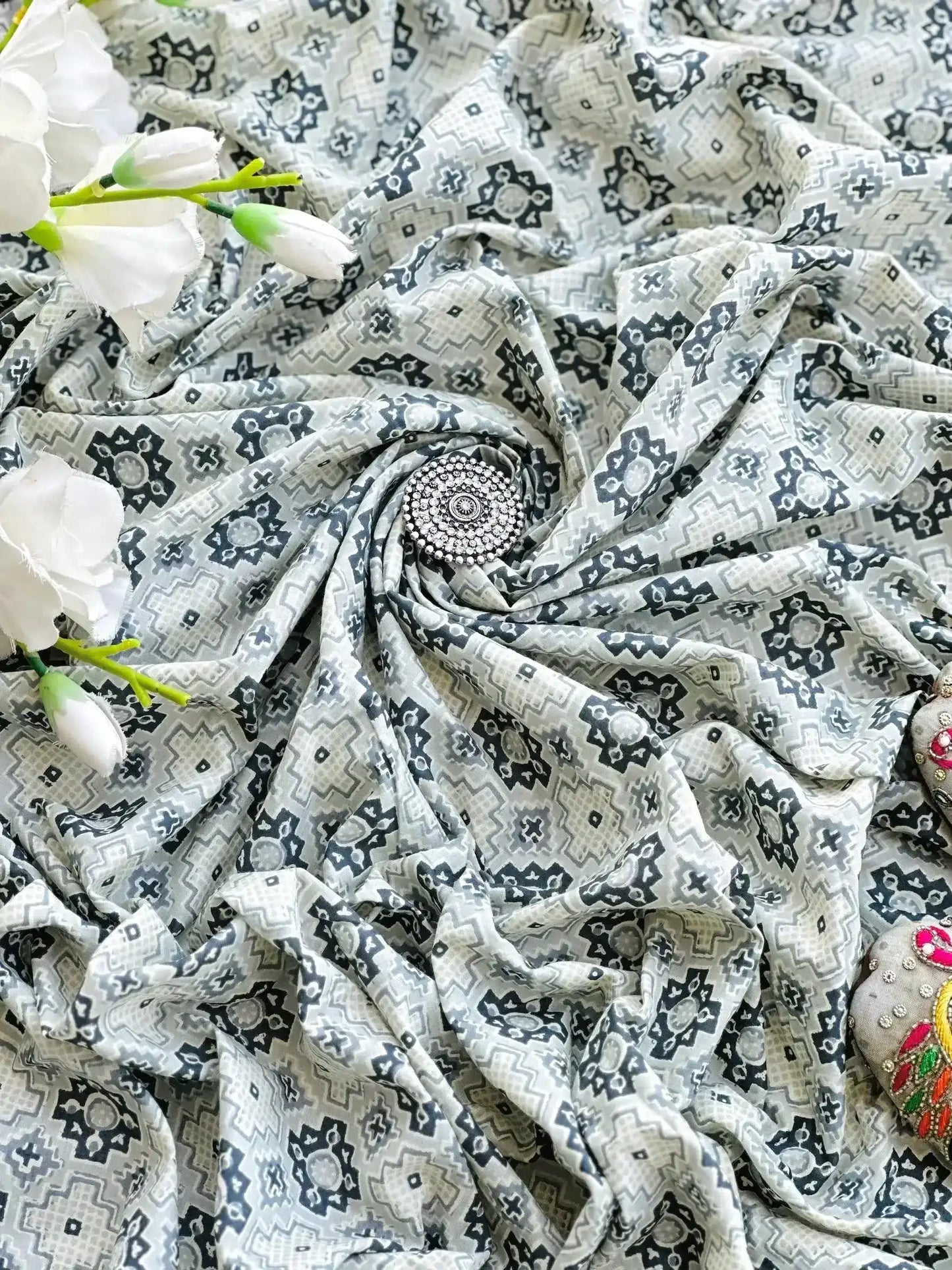 Classic Grey Jaipuri Handprinted MulMul Fabric Cut - Passion for Fashion by Shivani