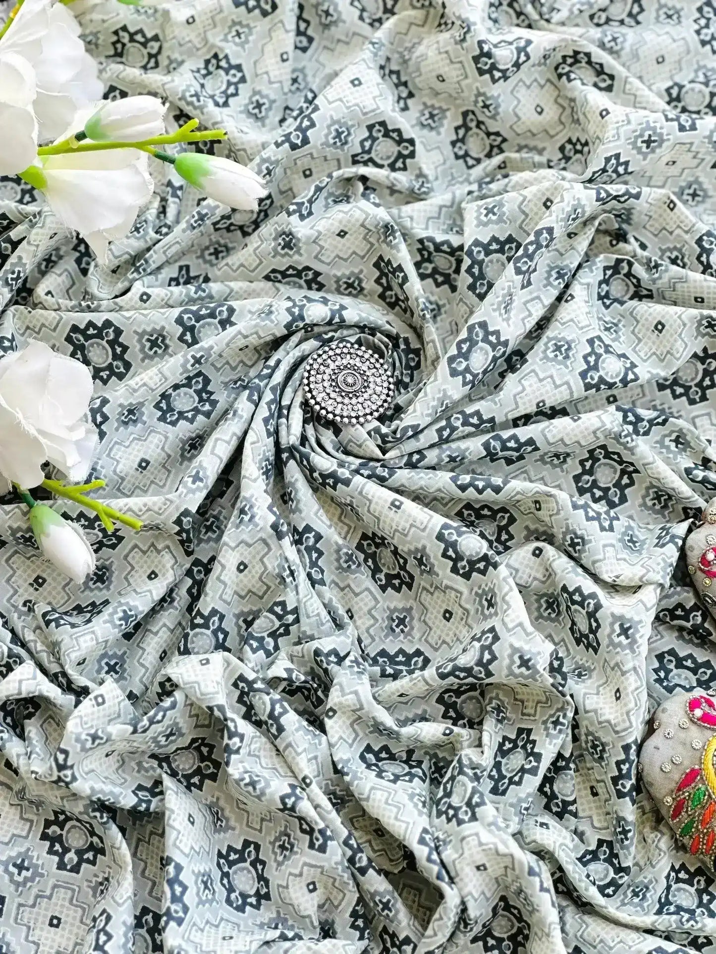 Classic Grey Jaipuri Handprinted MulMul Fabric Cut - Passion for Fashion by Shivani