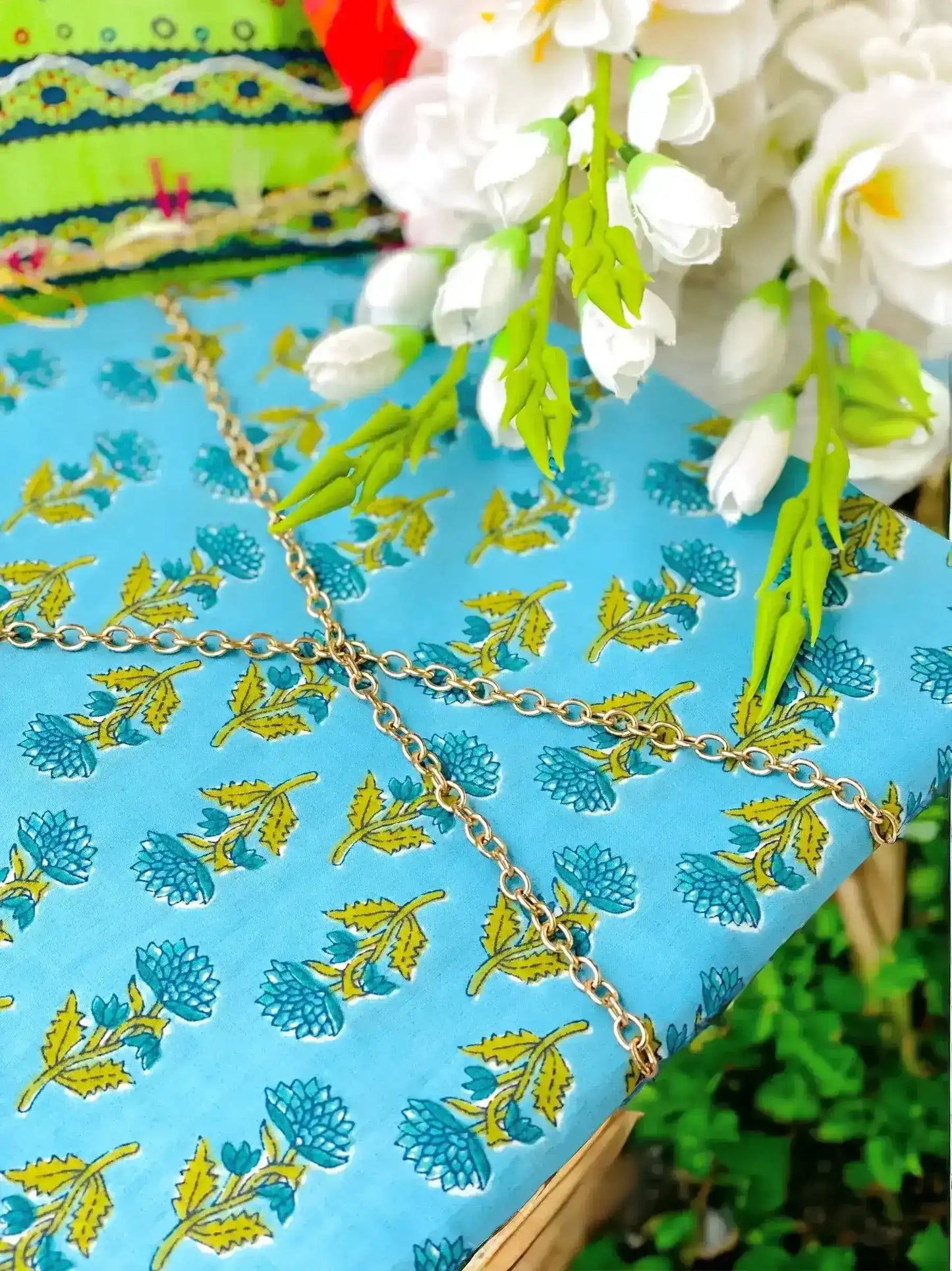 Asure Blue Handprinted MulMul Fabric Cut - Passion for Fashion by Shivani