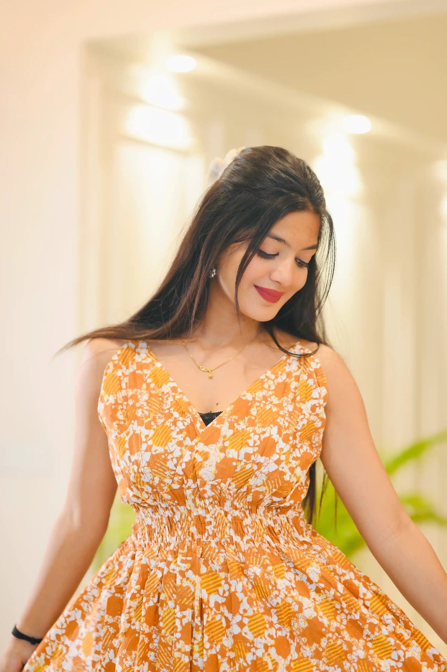 Batique Mustard Smoky Twirl Dress
