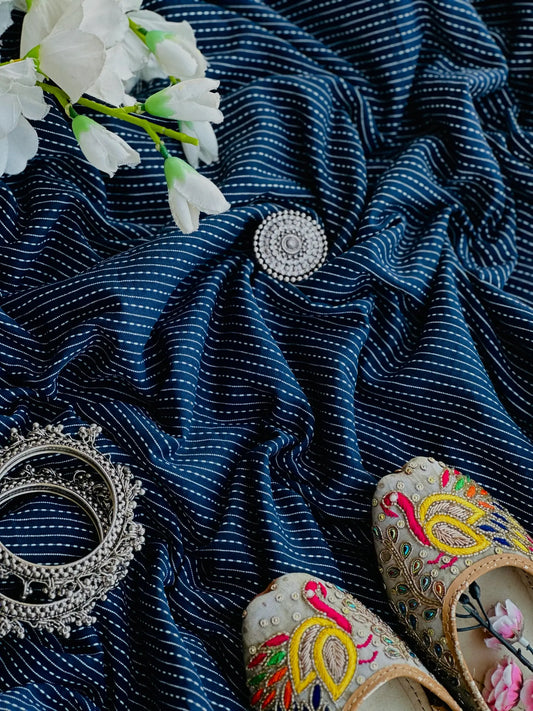 Classic Blue Stripe Handprinted MulMul Fabric Cut - Passion for Fashion by Shivani