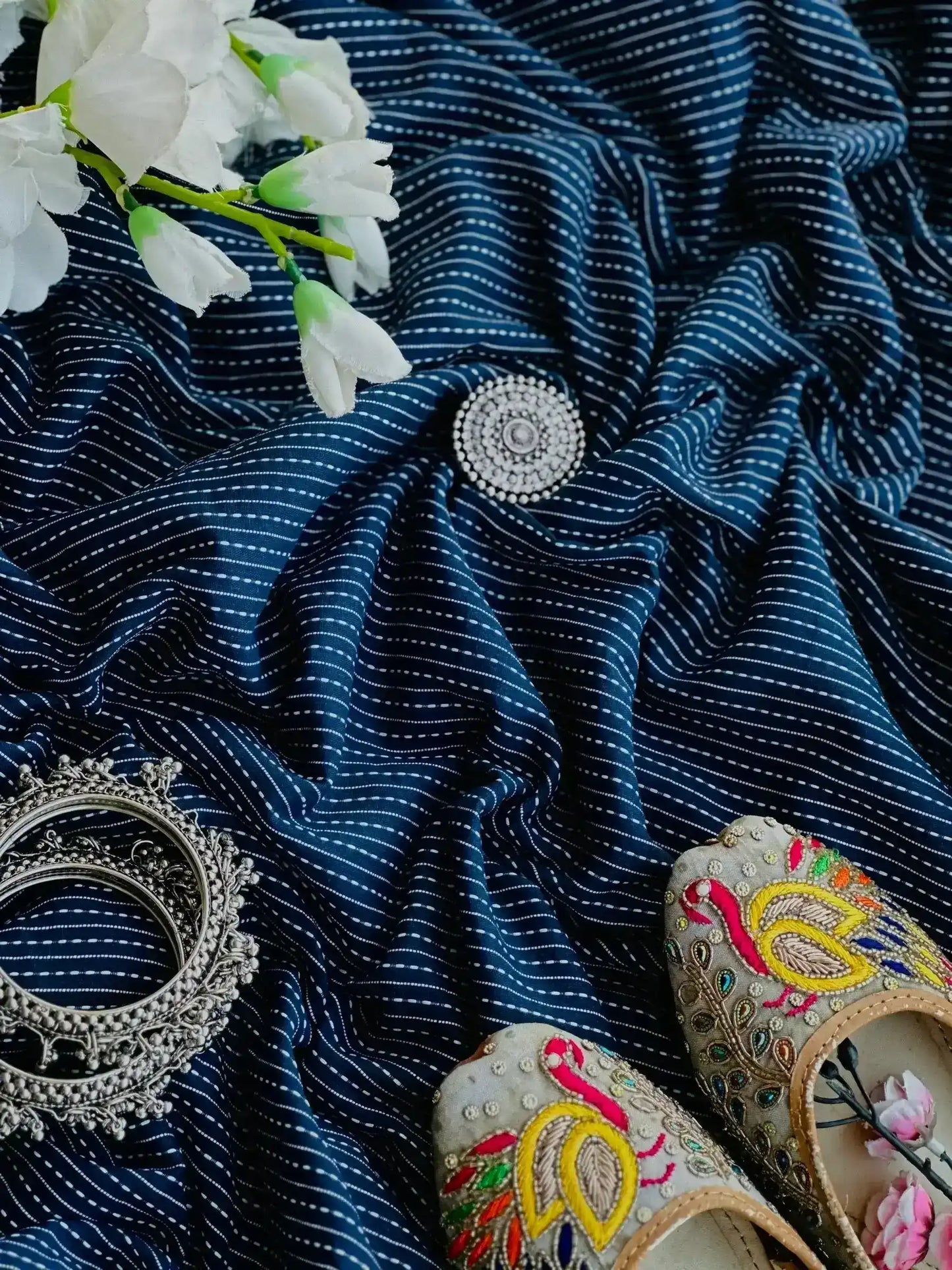 Classic Blue Stripe Handprinted MulMul Fabric Cut - Passion for Fashion by Shivani