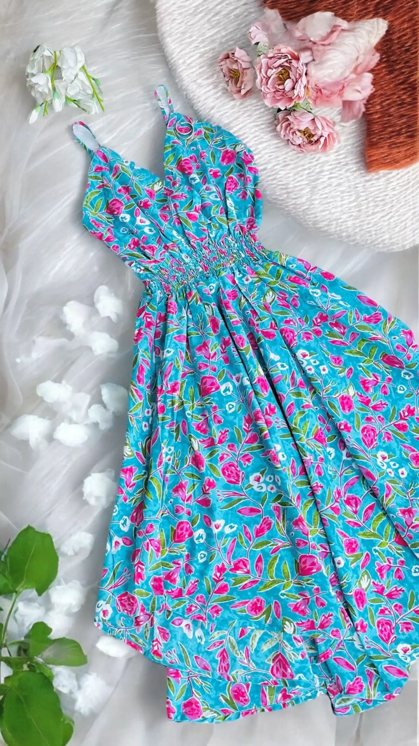 Floral Blue Smoky Twirl Dress