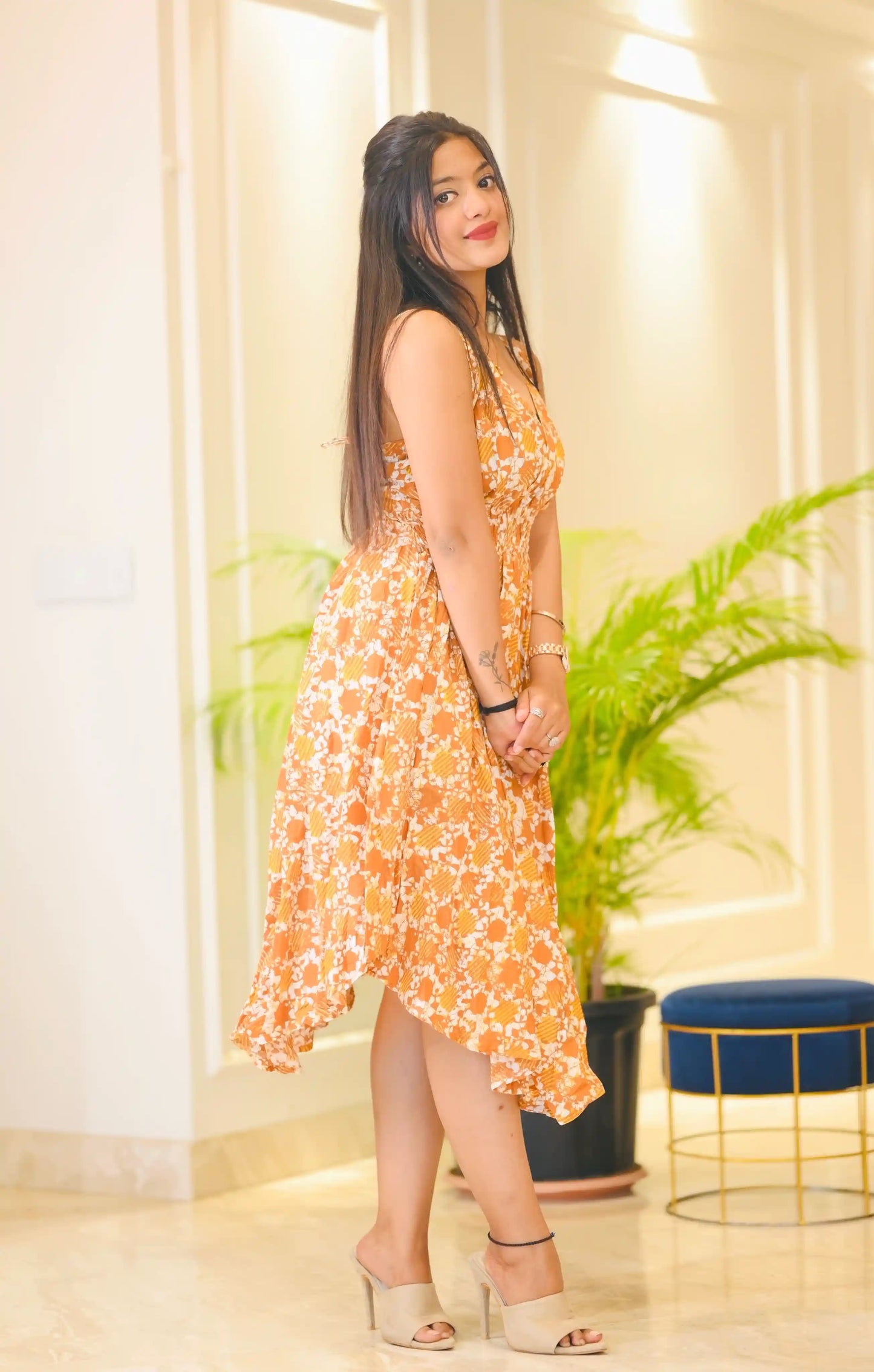 Batique Mustard Smoky Twirl Dress