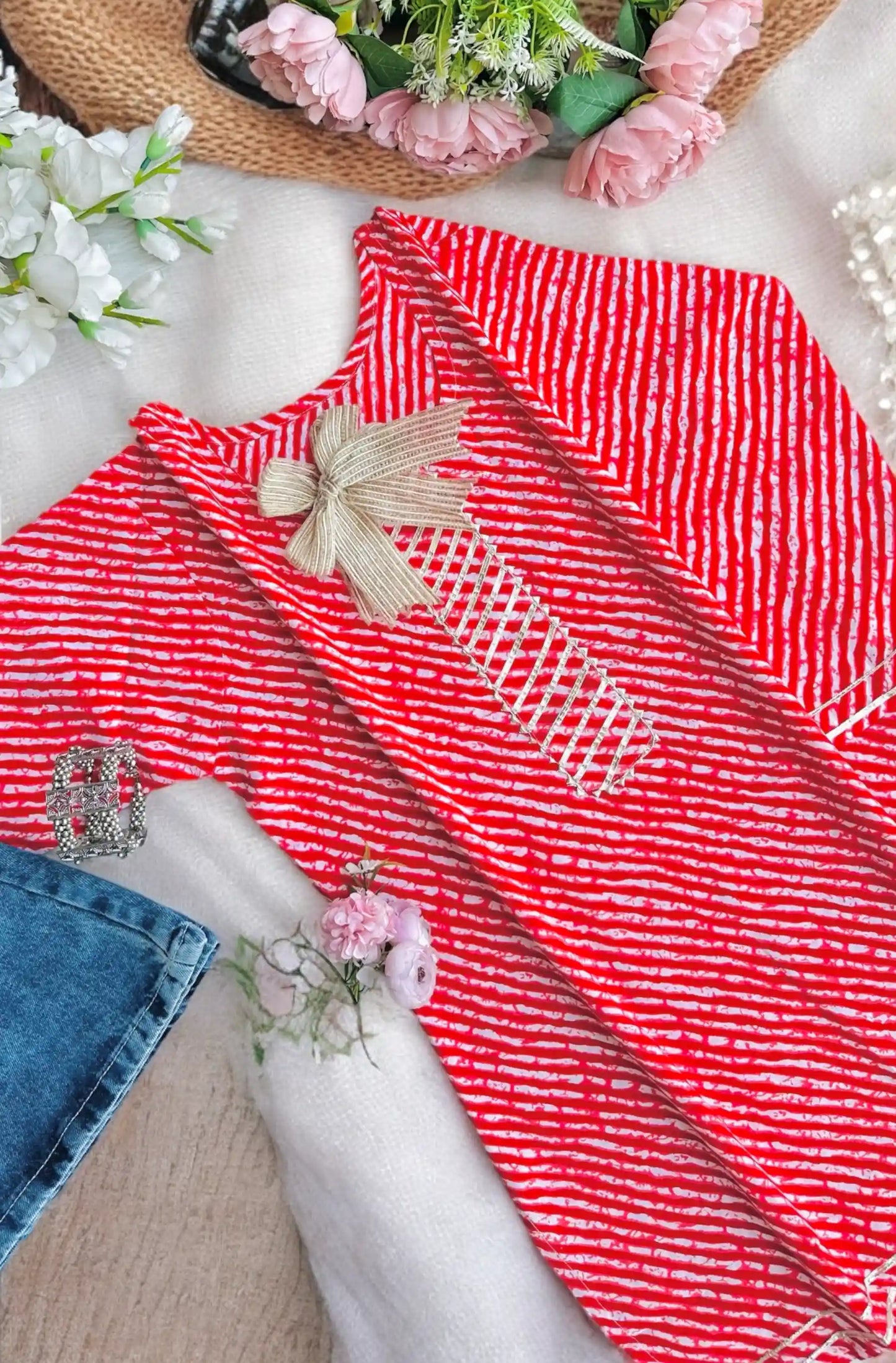 Red Lehriya Jaipuri Short Kurta