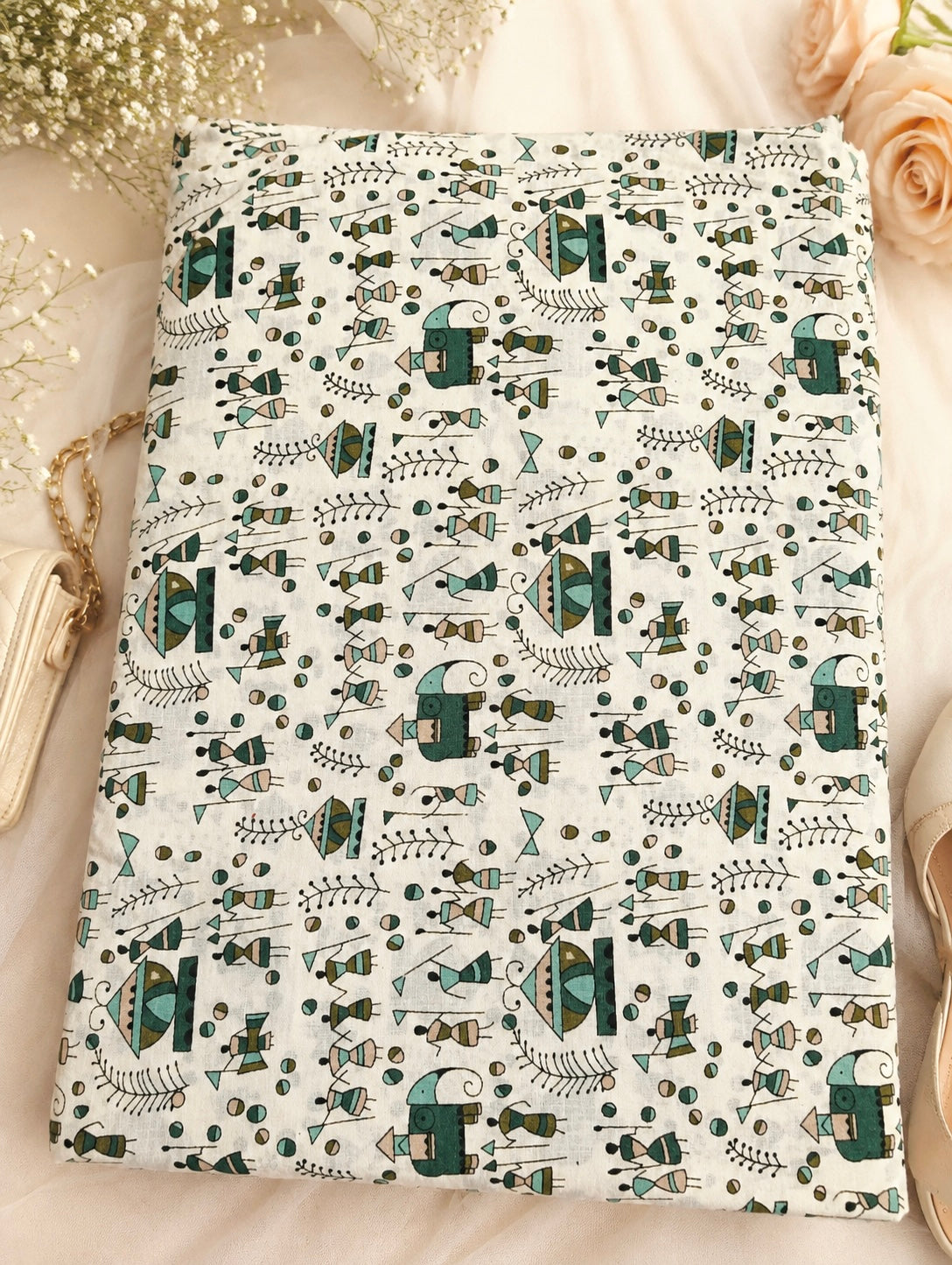 Handblock Elephant Folk Print Cotton Fabric Cut