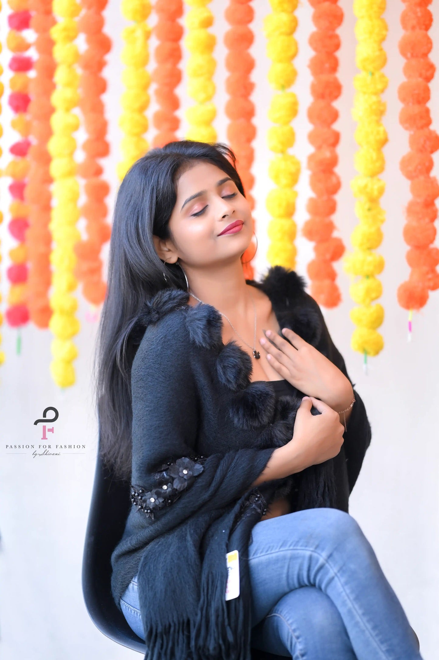 Black Fur Pom Pom Shrug