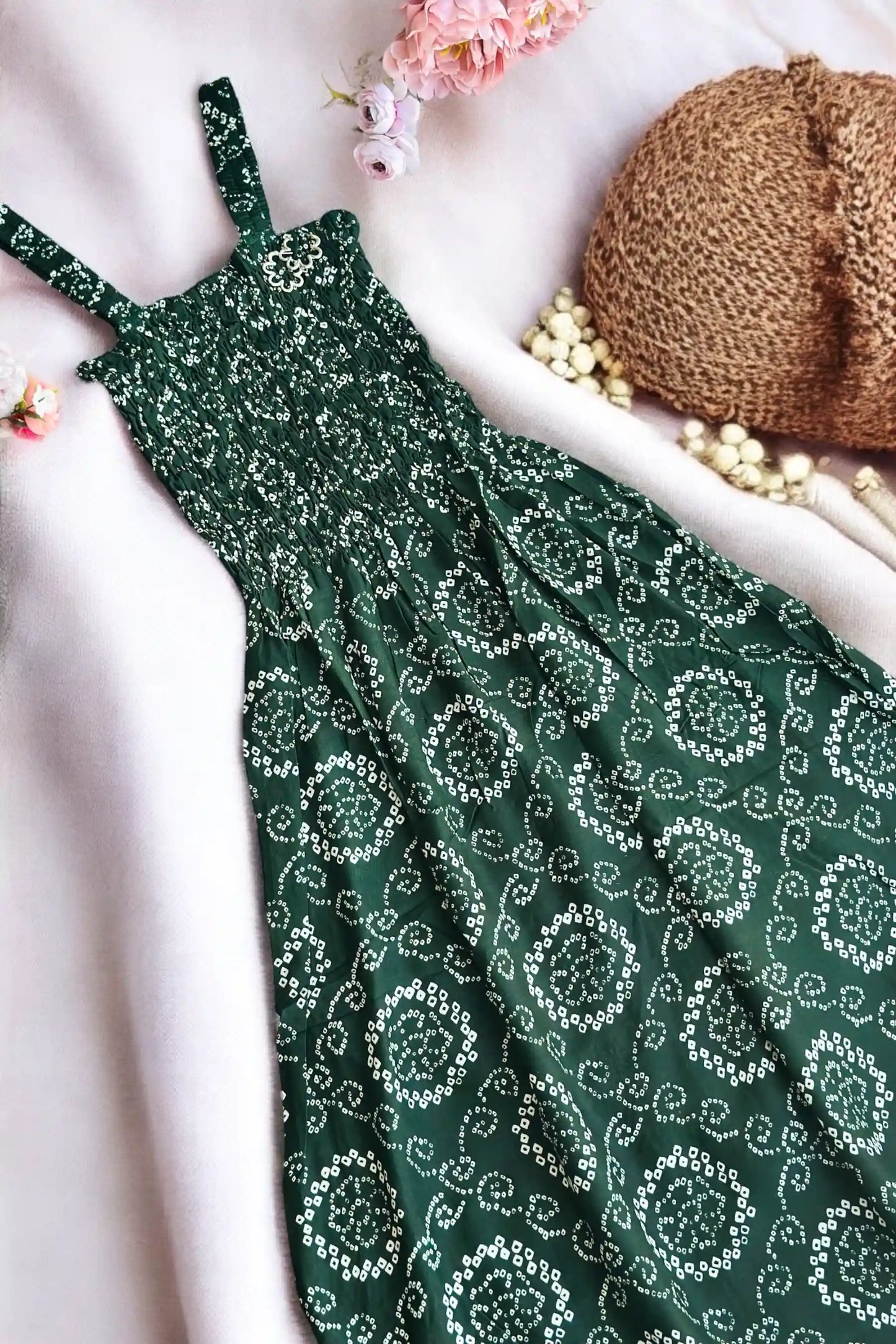 Green Bandhej Smoky Twirl Dress