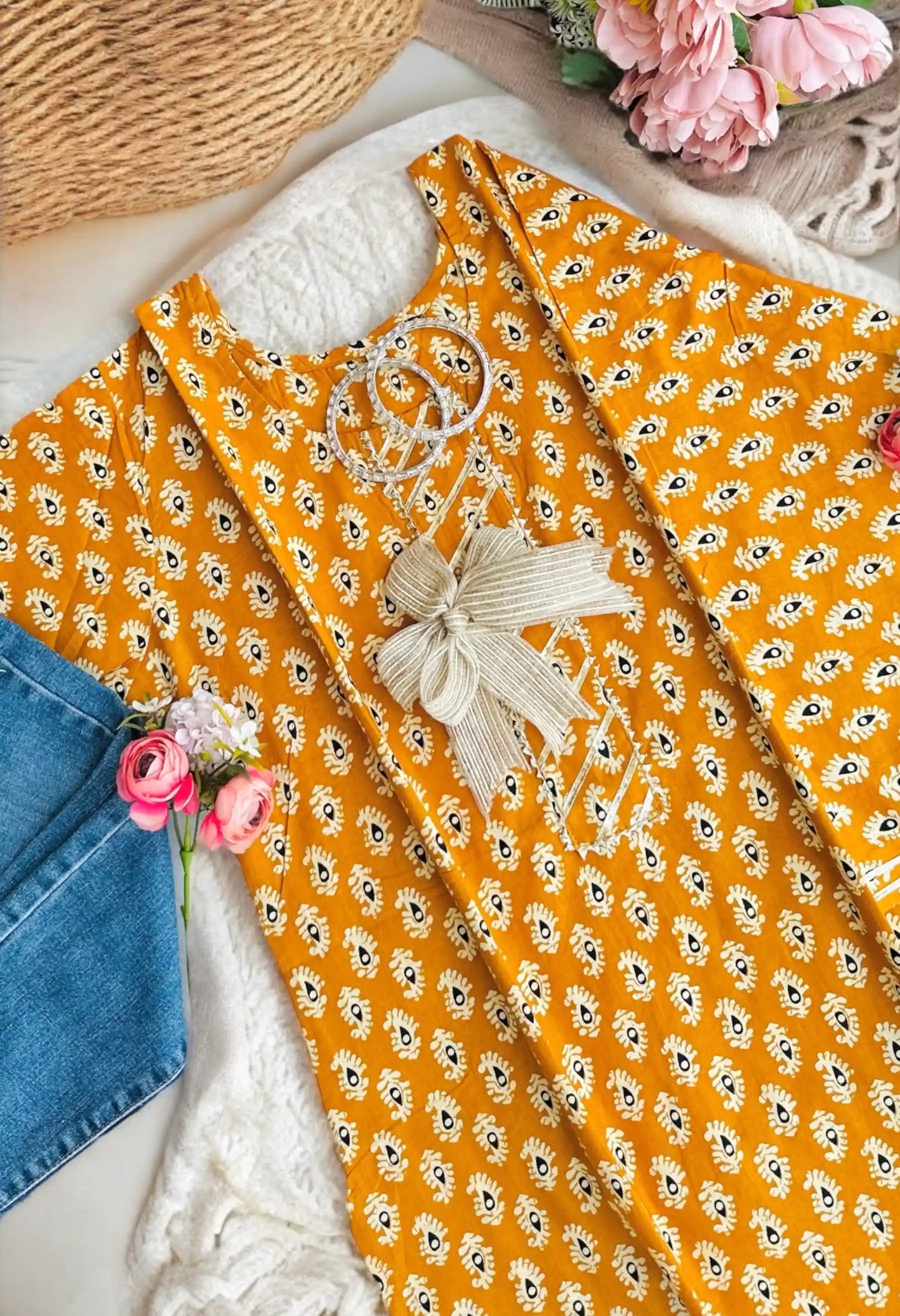 Mustard Handprinted Short Kurta
