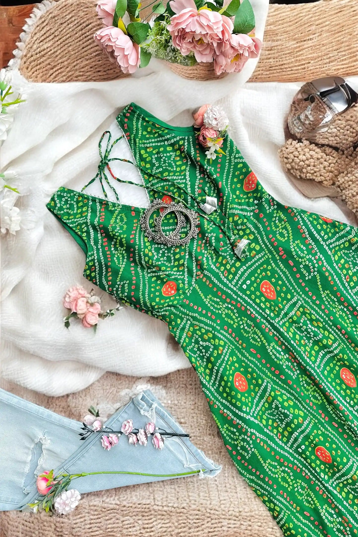 Bandhej Green Twirl Gulnaz Kurta