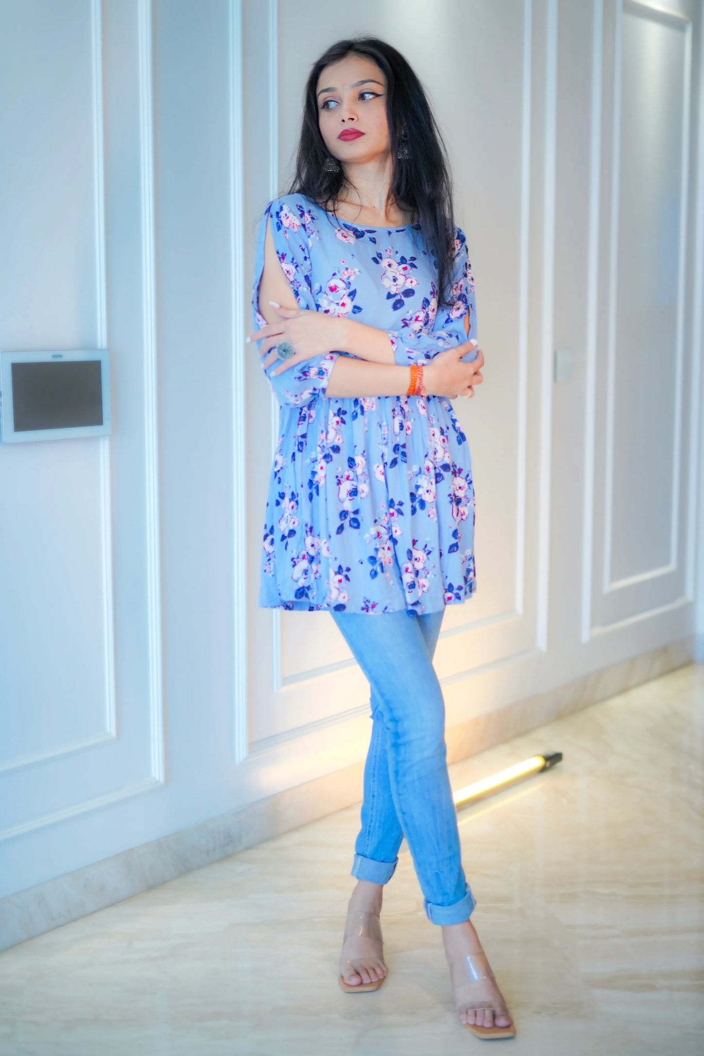 Asul Blue Floral Daisy Peplum Top