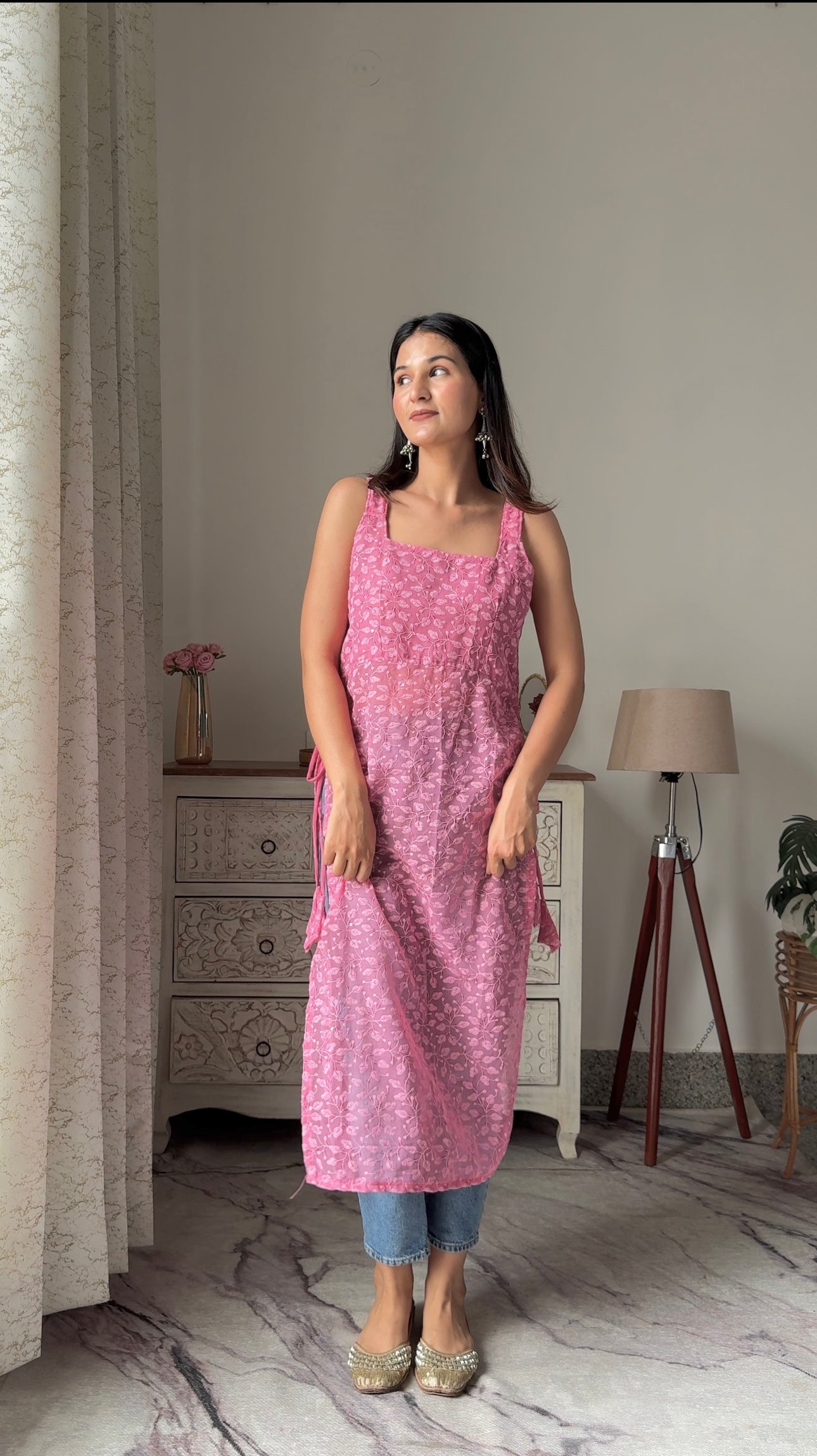 Apricot Peach Embroidered Gulnaz Slit Kurta