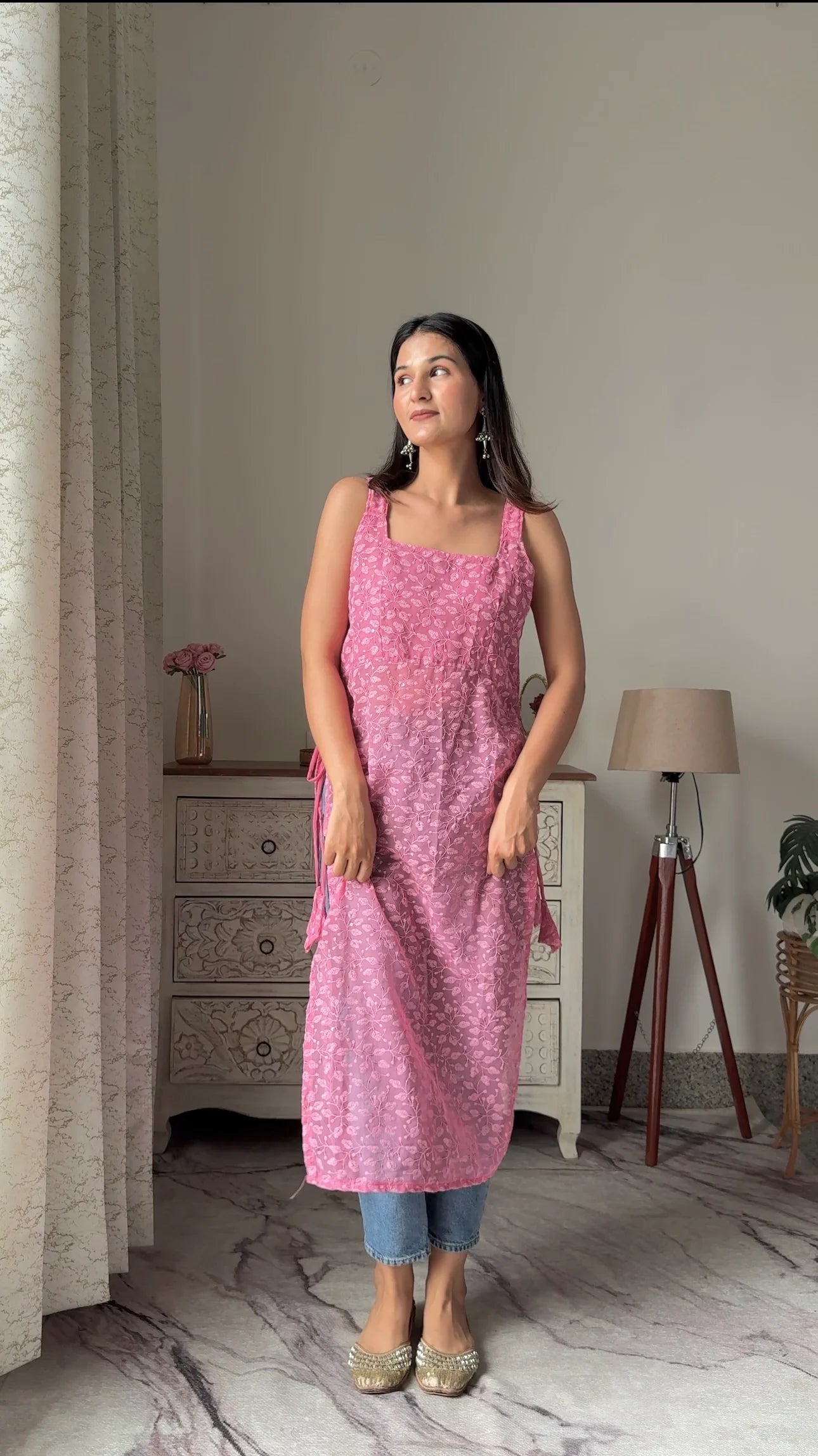 Apricot Peach Embroidered Gulnaz Slit Kurta
