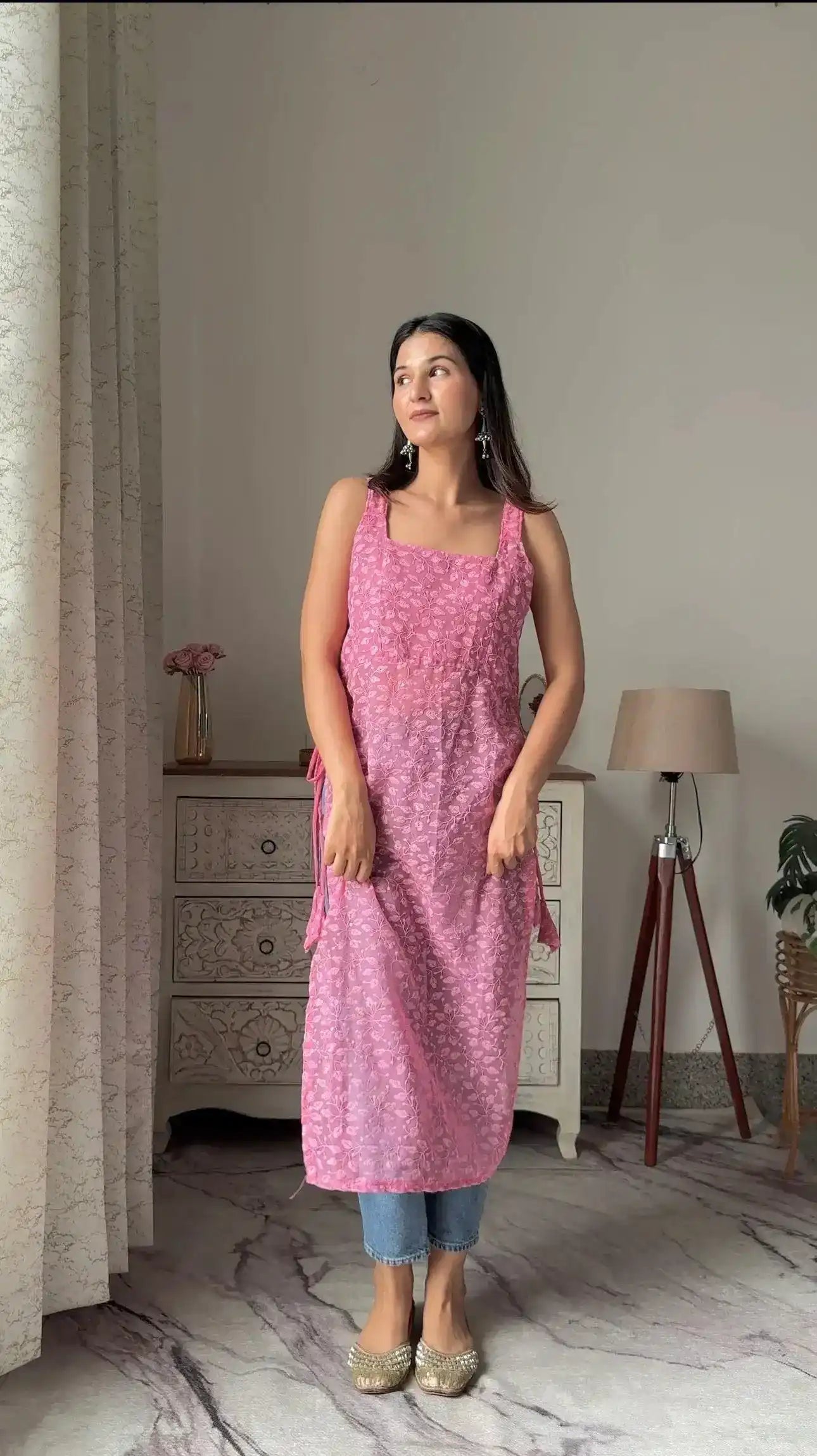 Apricot Peach Embroidered Gulnaz Slit Kurta - Passion for Fashion by Shivani