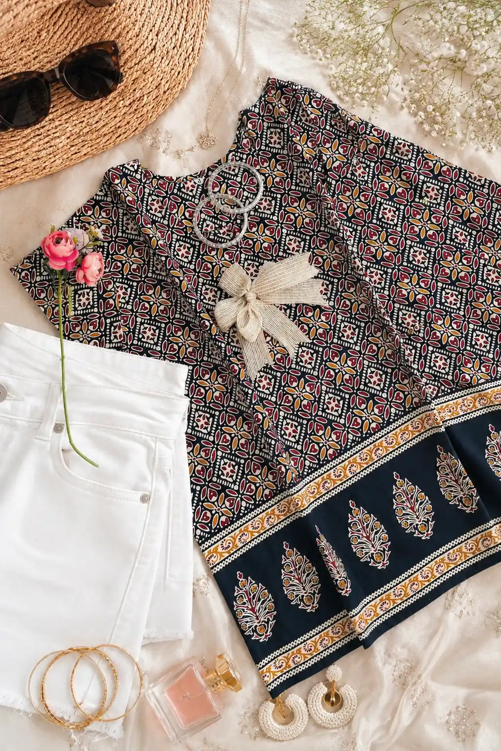Black Handprinted Short Kurta