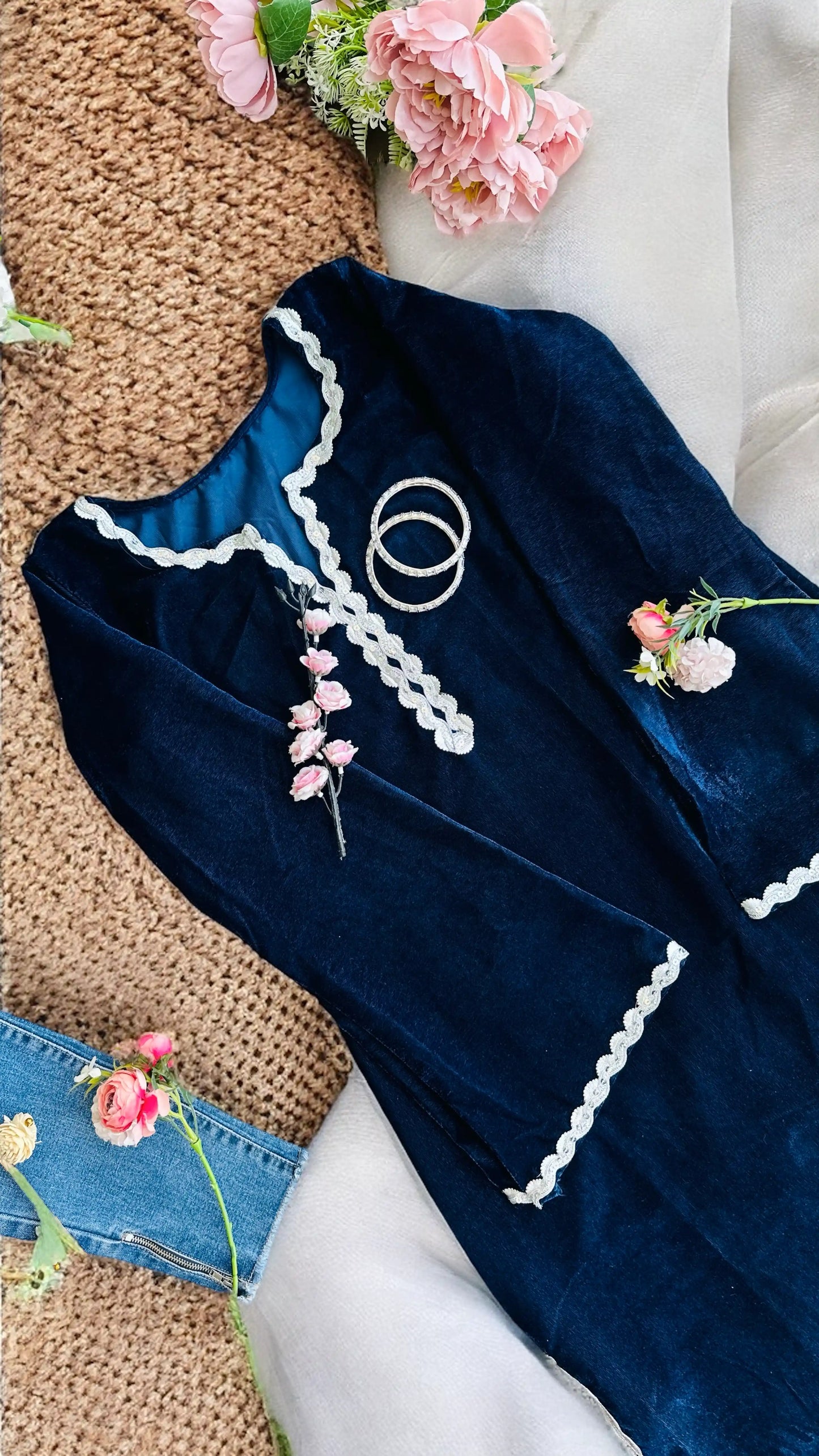 Monochrome Blue Velvet Gulnaz Kurta - Passion for Fashion by Shivani