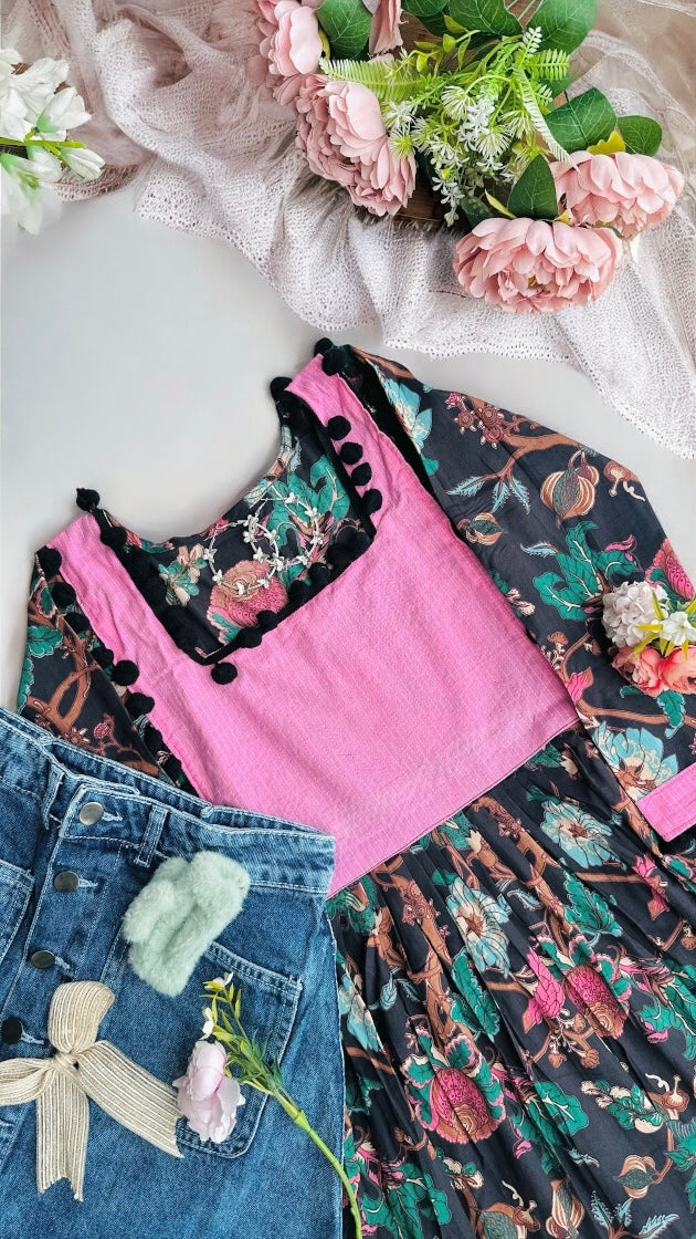 Black Kalamkari Pompom Peplum Top