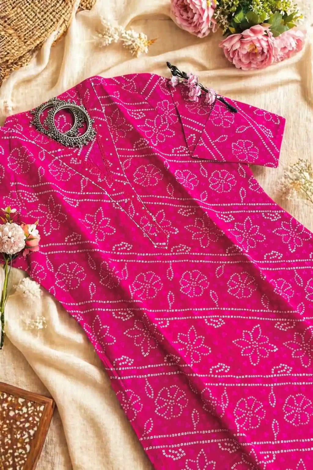 Pink Bandhej Mul Budget Kurta