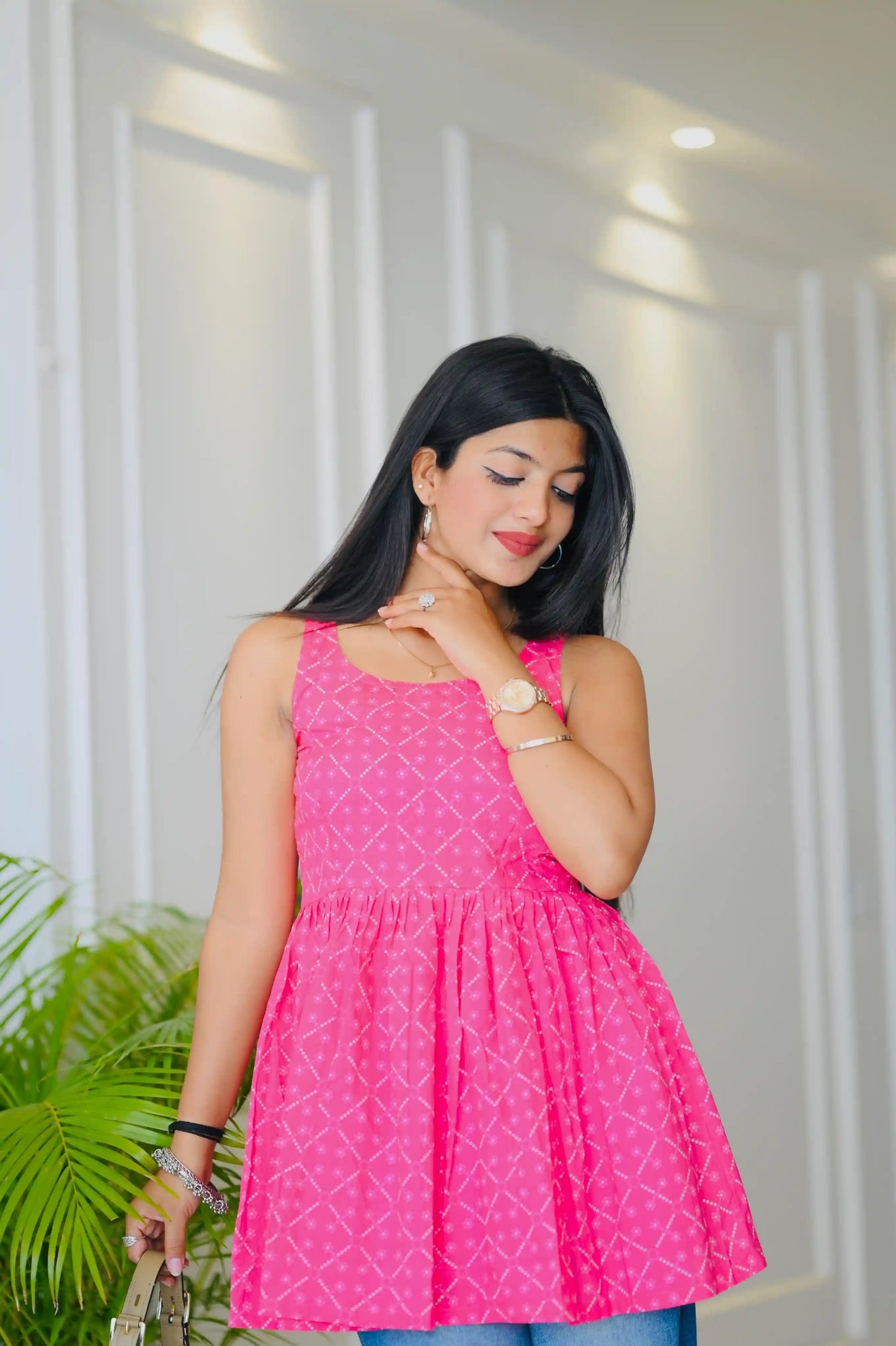 Pink Bandhej Jaipuri Short Top