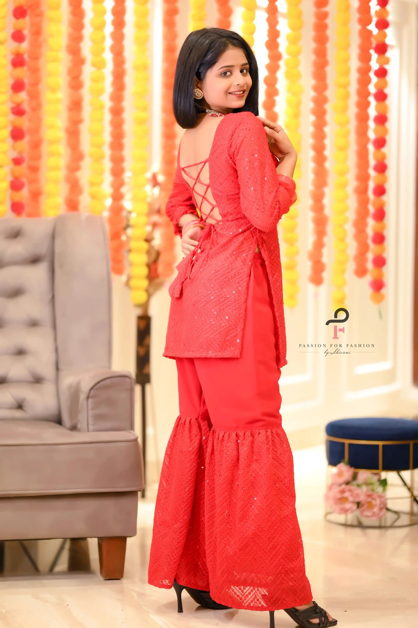 Sparkle Red Gulnaz Sharara Set